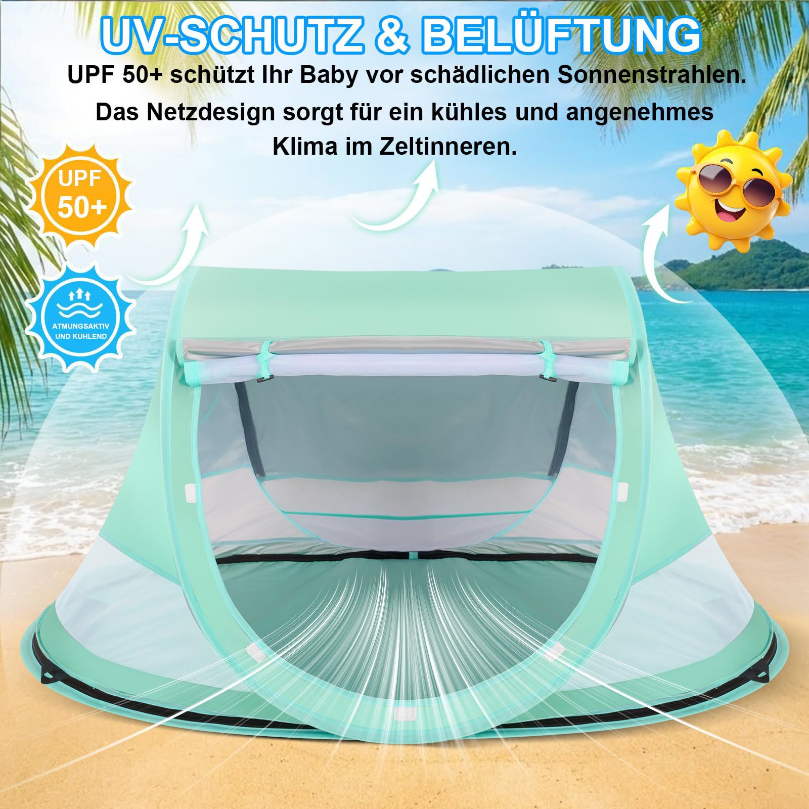Tente de plage pour bébé - Protection UV 50 - Tente de plage pop-up - Protection solaire pour la plage - Moustiquaire à 360° - Avec sac de transport pour les voyages et le camping - Convient