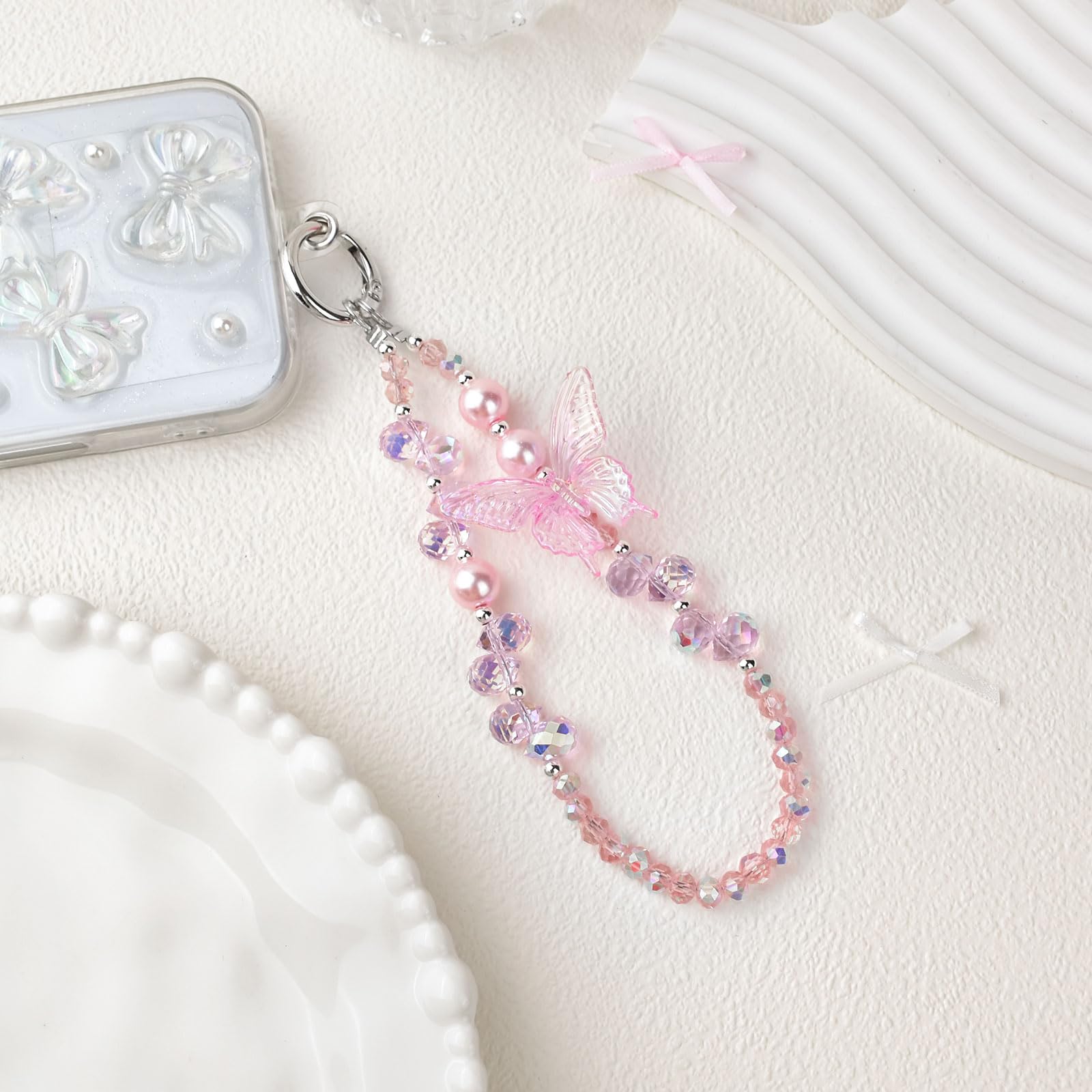 Fycyko Beaded Phone Wrist Strap,Crystal Glitter Cute Butterfly Keychain Wristlet,Phone Chain Wristlet Purse Bag Charms — view 3