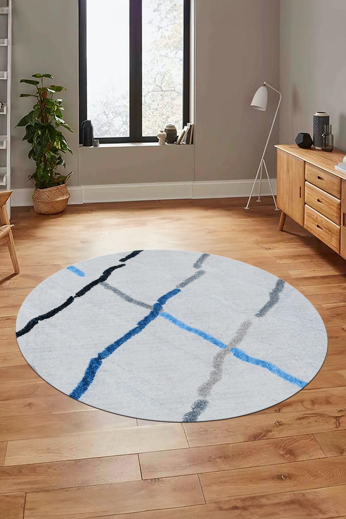 Evdeya Şık Sade Modern Desenli Dijital Kaymaz Taban Yıkanabilir Yuvarlak Mutfak Salon Halısı Y-MODERN-73, Mavi, 100 x 100
