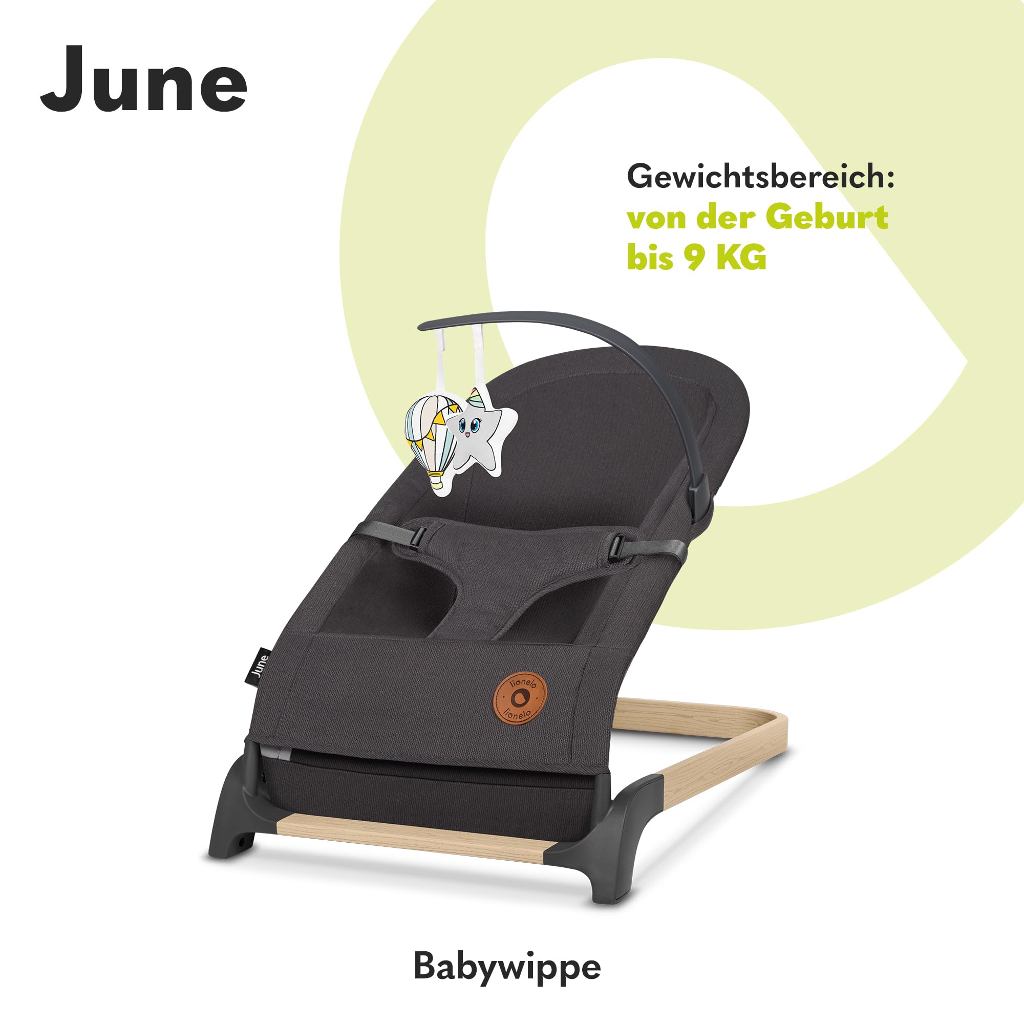 LIONELO June Babywippe, ab den ersten Lebenstagen bis zu 9kg | atmungsaktives Material, optimale Luftzirkulation, leicht, stabil, rutschfest, Sicherheitsgurte, zusammenklappbare Babywippe