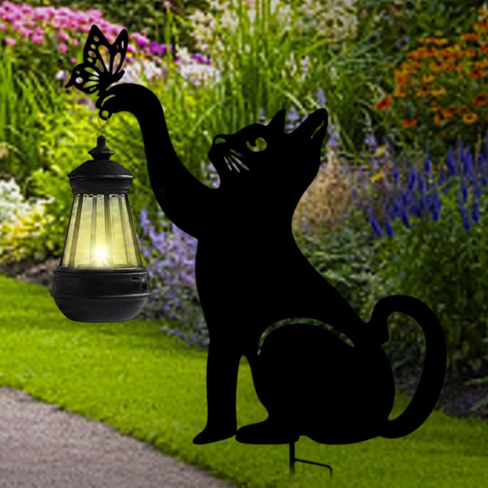 Lampa solarna na zewnątrz, latarnia w kształcie kota, metalowa dekoracja świetlna do ogrodu, podjazdu, podwórka, patio, trawnika, werandy, tarasu, chodnika
