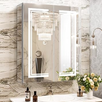 High-End Led Medicine Cabinet,Lighted Medicine Cabinet,3 Colors&Dimmable,Demister,Lighted Glass Shelf,USB Shaver Socket.Surface Mount or Recess Mount,2430inch