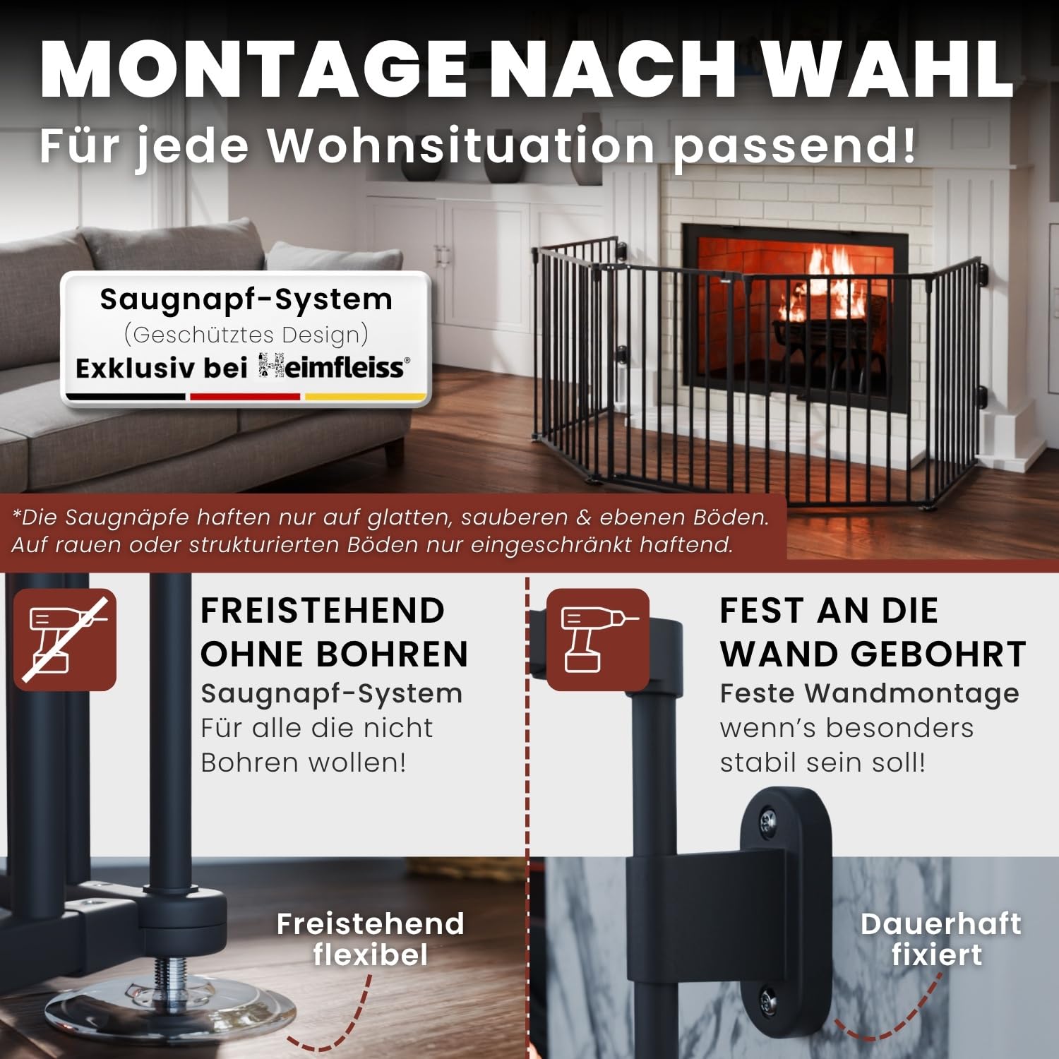 Heimfleiss® Kaminschutzgitter Baby mit Sicherheitsverschluss | Ofenschutzgitter für Kinder & Hunde | Ofengitter Kinderschutz aus Stahl | Verwendbar als Kamingitter, Treppenschutzgitter & Türgitter