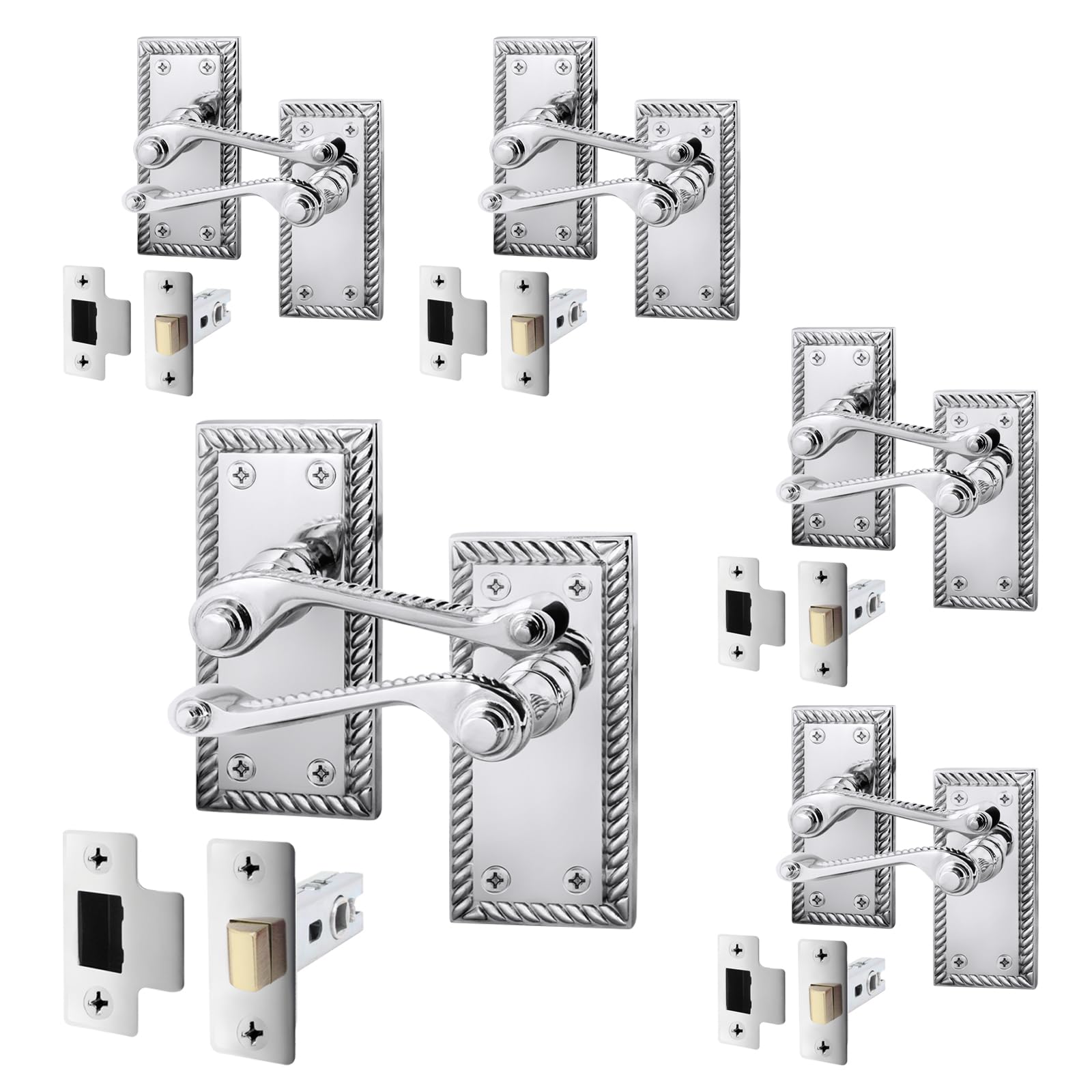 Eai Polished Chrome Georgian Scroll Door Handle Latch Set - 5 Pairs Internal Lever Latch Handles & Latch (64Mm) - Rope Design