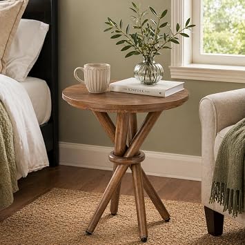 COZAYH Round Wood End Table Farmhouse Wooden Side Table Rustic Plant Stand with Bundled Legs for Living Room, Office, Walnut