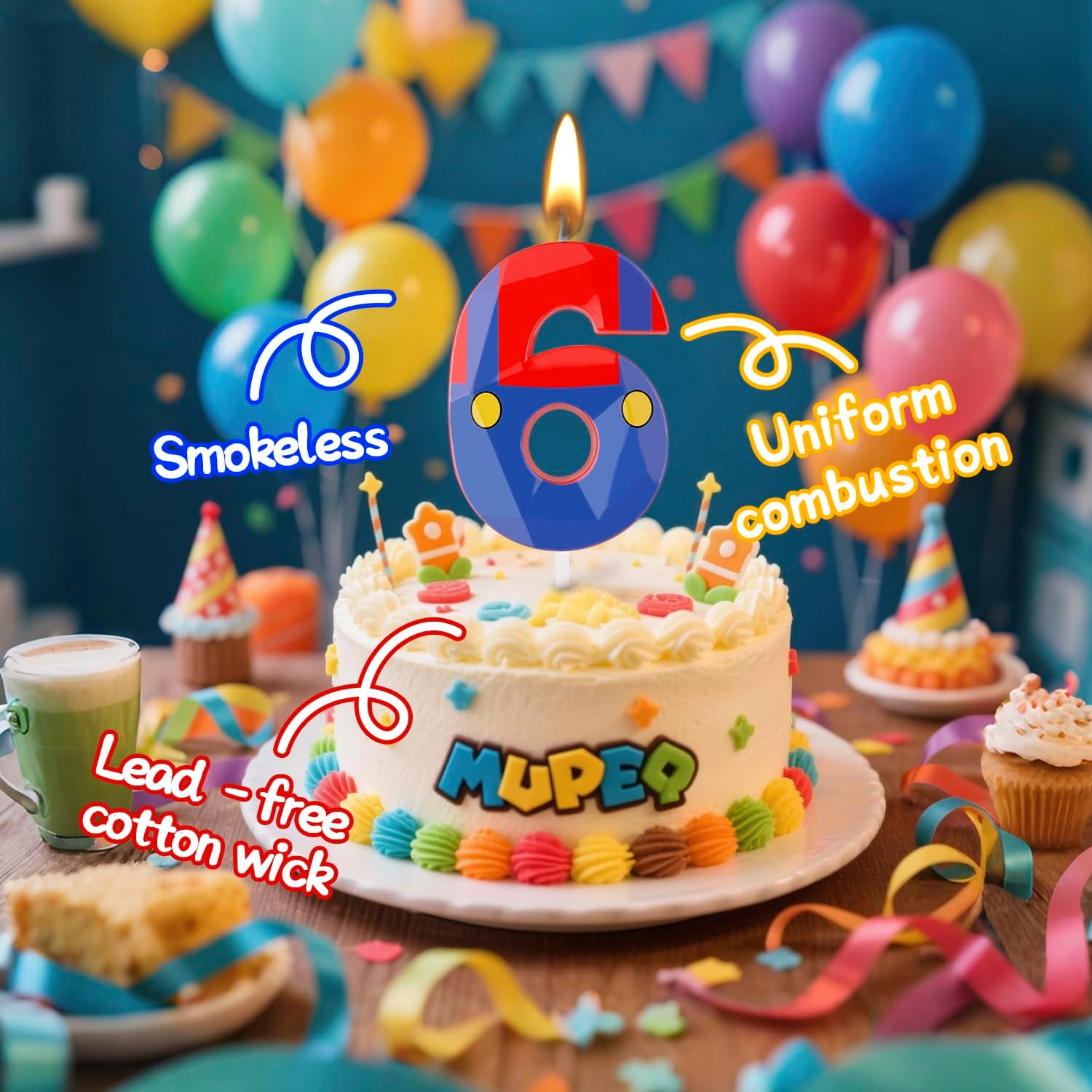 Birthday Candles with Cartoon Game Themed, 2.76 Inch Number 6 Candles, Blue Red Numeral Candles Cake Topper Decorations for Boys Girls Cartoon Themed Birthday Party Supplies
