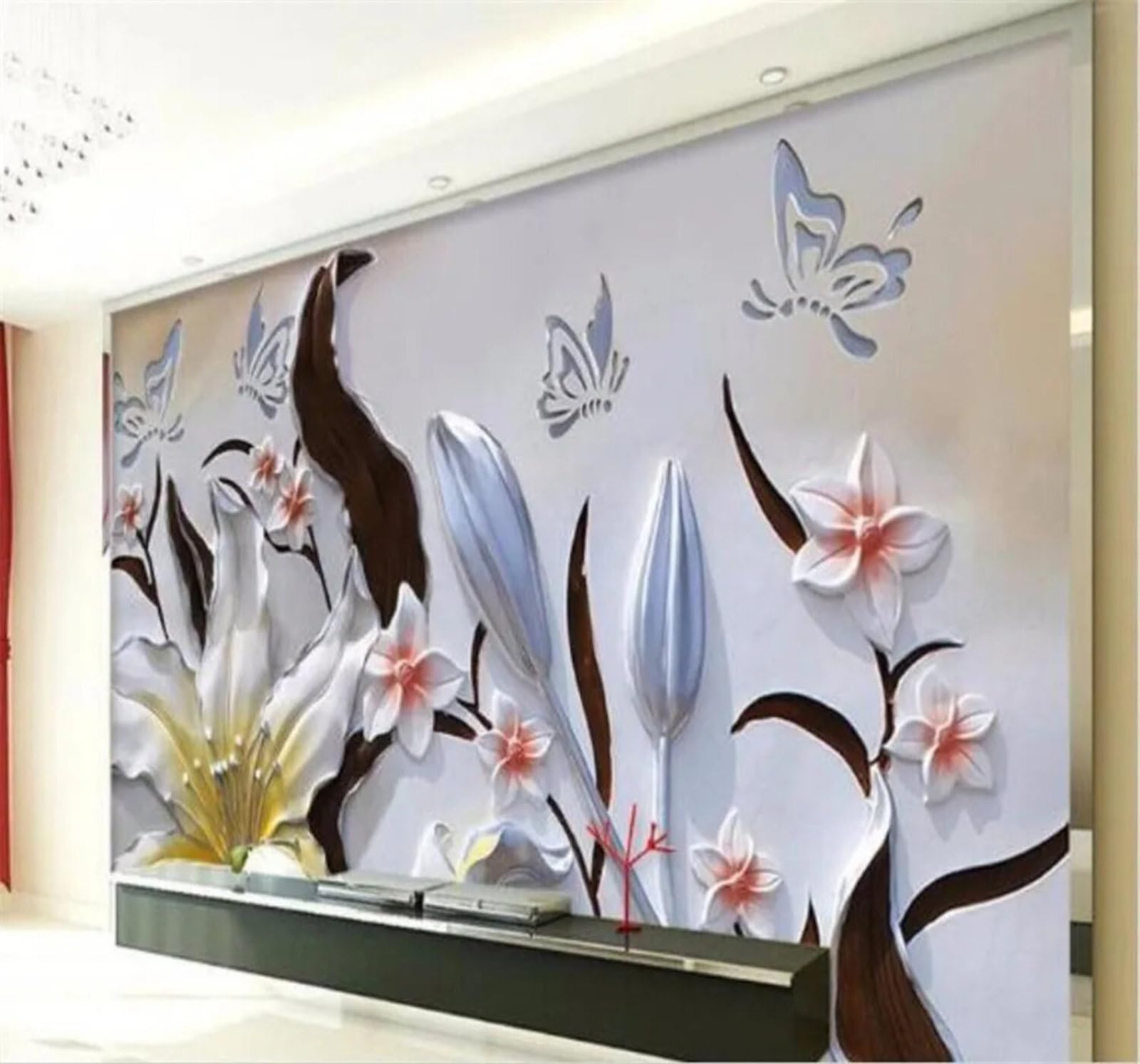 Relief Minimalist Lily Butterfly Art 3D Wallpaper Easy Install Feature Office Living Room Sofa Bedroom TV Background Wall Decoration-430cm×300cm