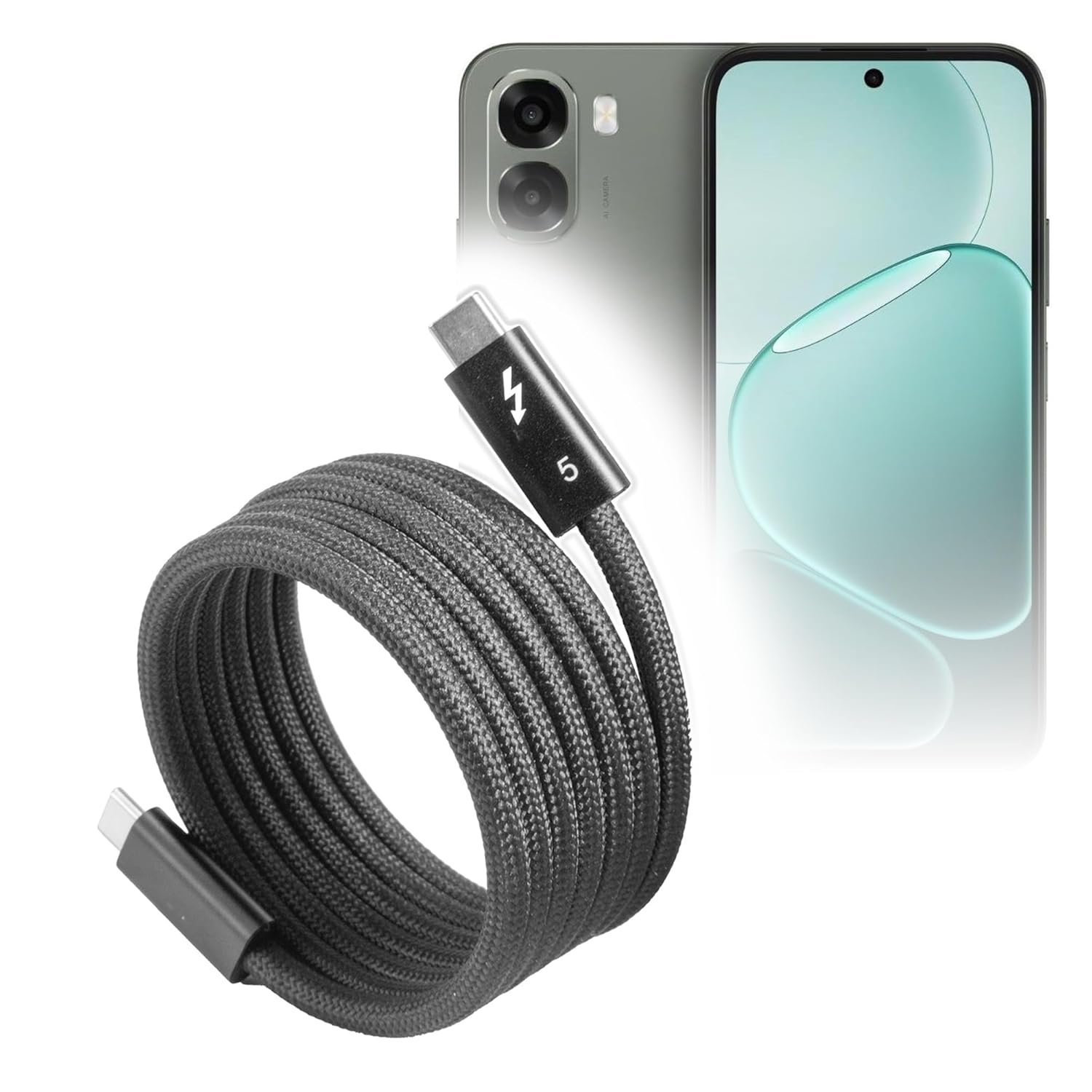 BoxWave Cable Compatible with Oppo A6c - SnapWrap Thunderbolt 5.0 Cable (5ft 240W), Magnetic Self-Coiling Nylon Braided Retractable - Jet Black