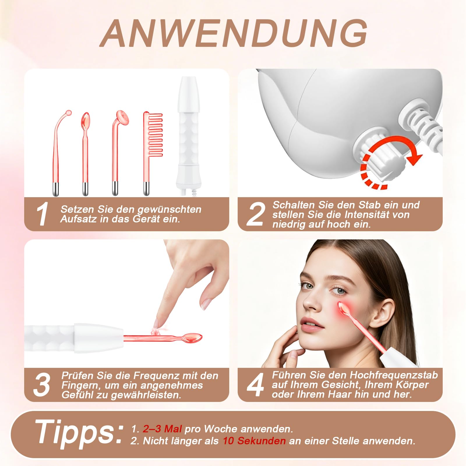 Yofuly Hochfrequenzstab-Hochfrequenz Gerät Akne mit 4 Rote Stab-Schläuchen für Haarwuchs/Aknebehandlung/Faltenreduzierung/Hautstraffung