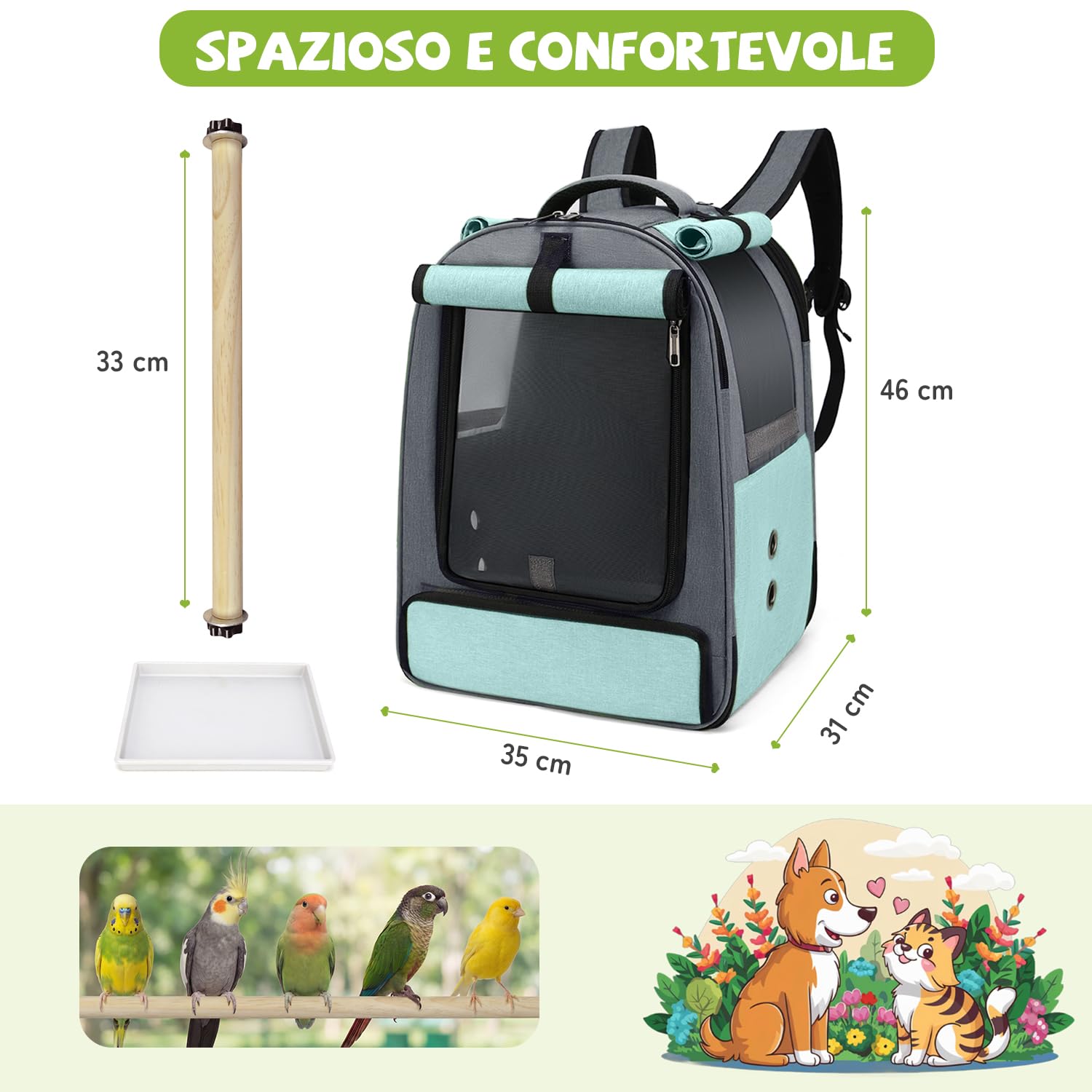 ALLSOPETS Zaino per Uccelli per Pappagalli e Piccoli Animali – Borsa Traspirante con Posatoio Regolabile e Vassoio Rimovibile, Ideale per Viaggi e attività all’Aperto (Blu Ghiacciaio)