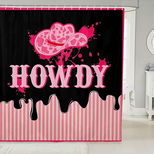 Feelyou Howdy - Cortina de baño de 72 x 78 pulgadas para niños, decoración de sombrero occidental, cortina de ducha rosa con diseño de vaca rosa,