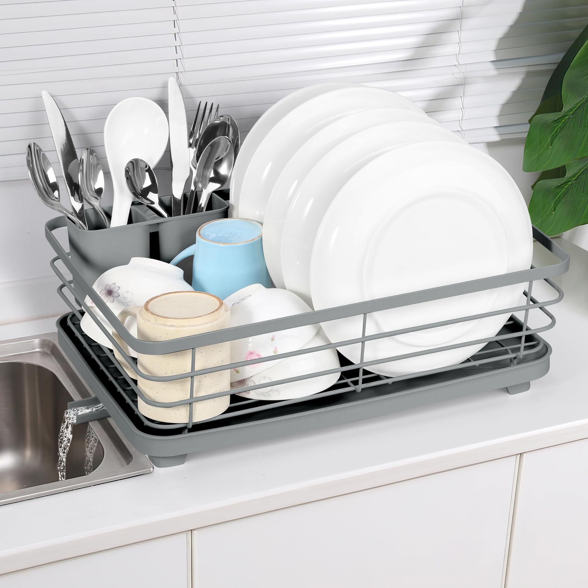 Vinsani Grey Dish Drying Rack Space-Saving Dish Rack Sleek Modern Stainless Steel Kitchen Drying Rack With Auto Drainage System And Cutlery Holder For Kitchen Countertop Home (Grey)