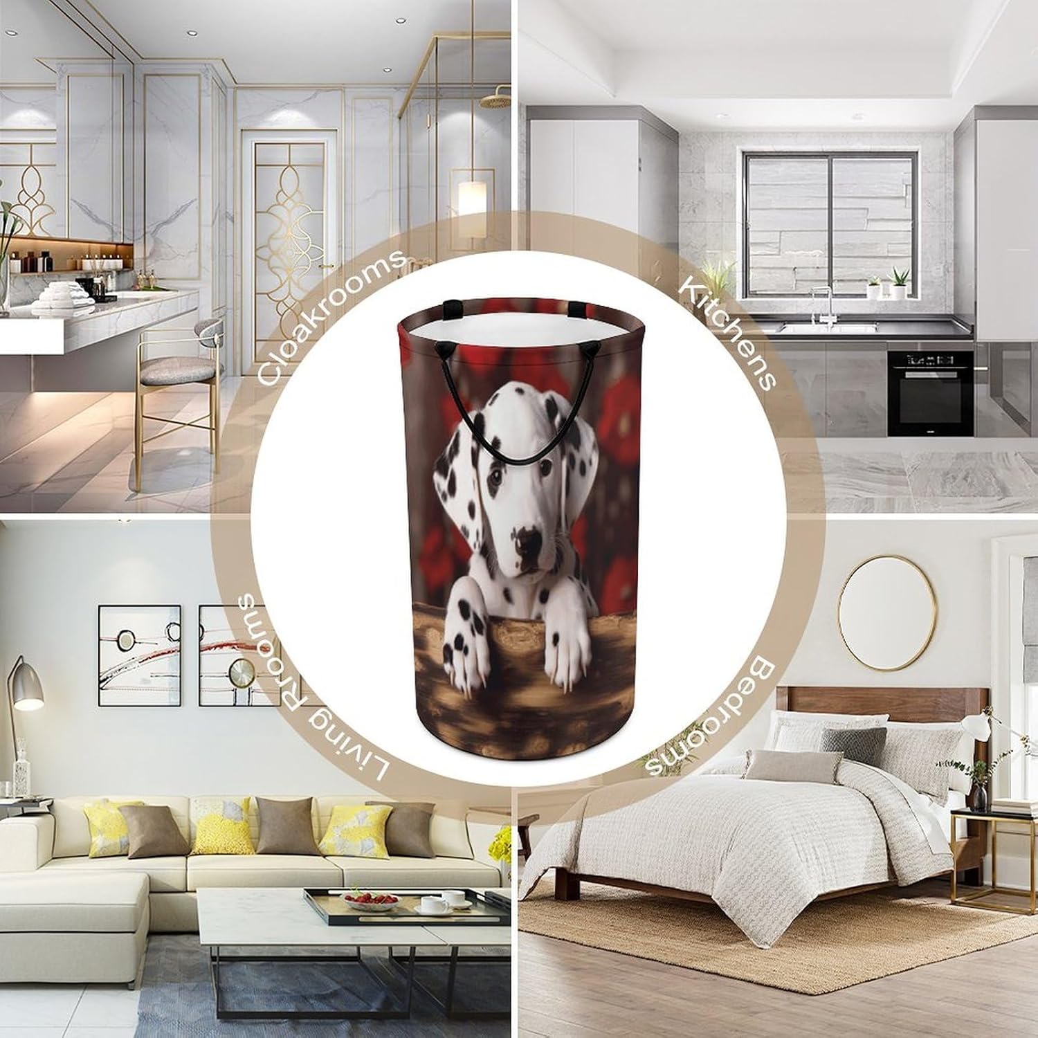 Dalmatian Puppy Laundry Hamper with Handles Waterproof Collapsible Laundry Basket Large Lightweight Round Dirty Clothes Hamper for Home Dorm Bathroom Decor