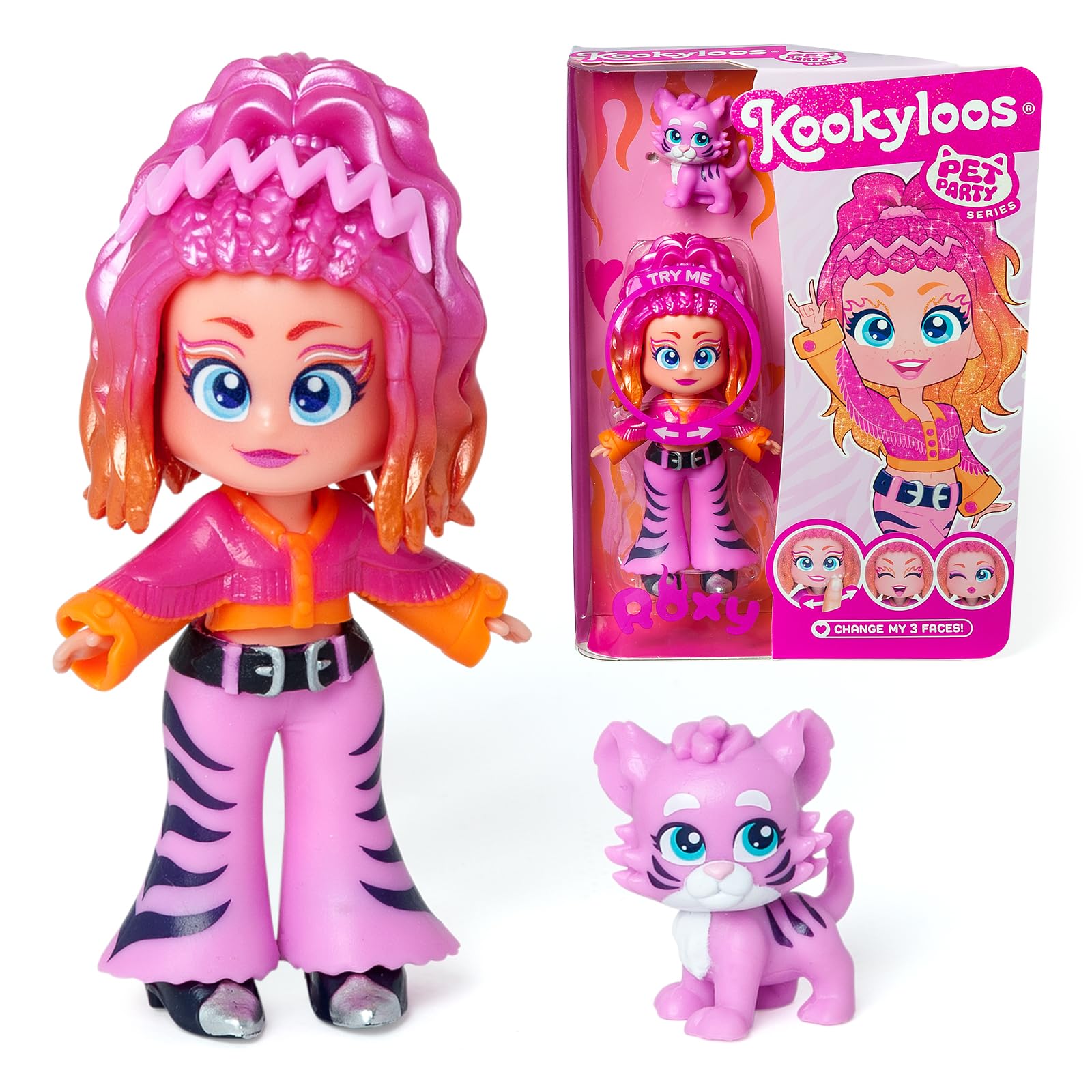 KOOKYLOOS Serie Pet Party ROXY- Muñeca coleccionable Roxy con un tigre de mascota. Incluye la muñeca Kookyloos Roxy, 1 mascota, ropa y zapatos de moda y 1 accesorio. ¡1 muñeca, 3 caras diferentes!