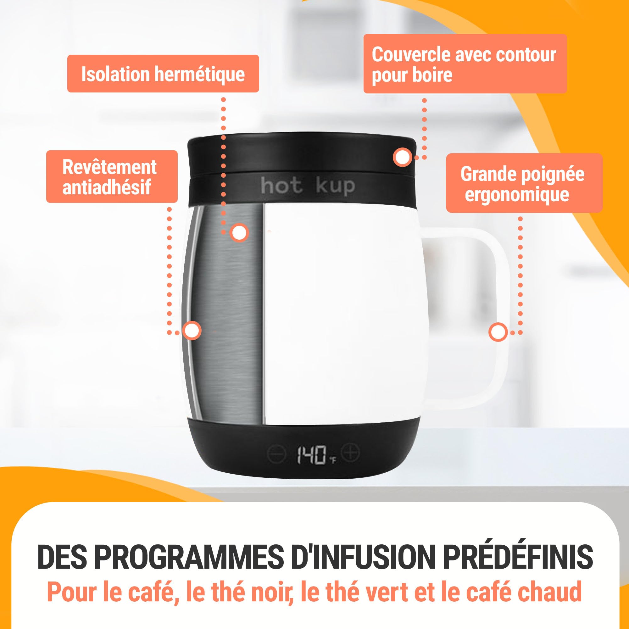 HOT KUP - Tasse de Voyage Auto-chauffante, Infusion des Boissons - Alimentation AC ou par Batterie - Blanc