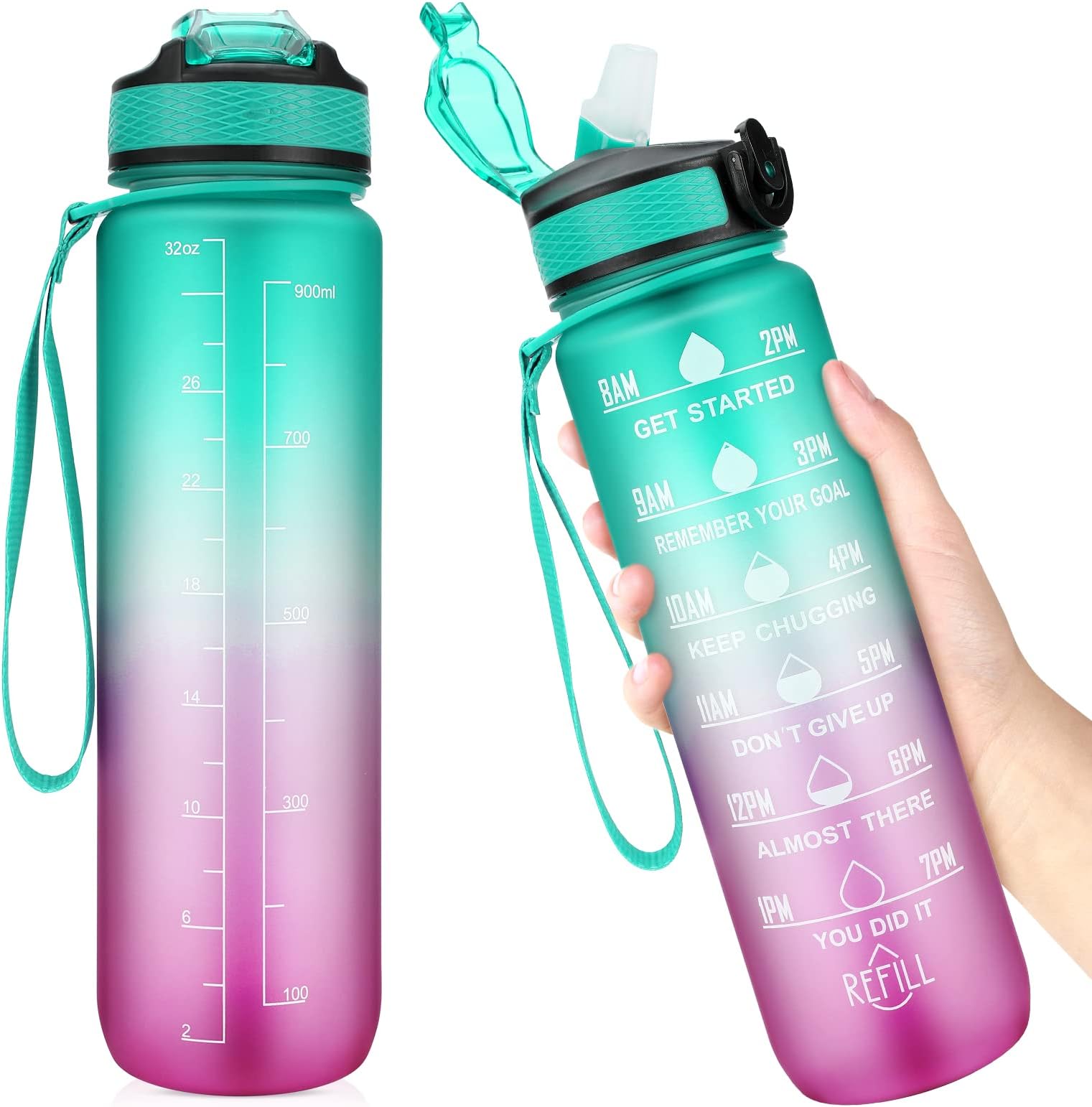 Yirochan 1 Litre Water Bottle with Time Markings - Leakproof Sports Water Bottle with Straw, BPA Free Drinking Bottle Sports Bottle for Men Women Cycling Hiking Running Gym