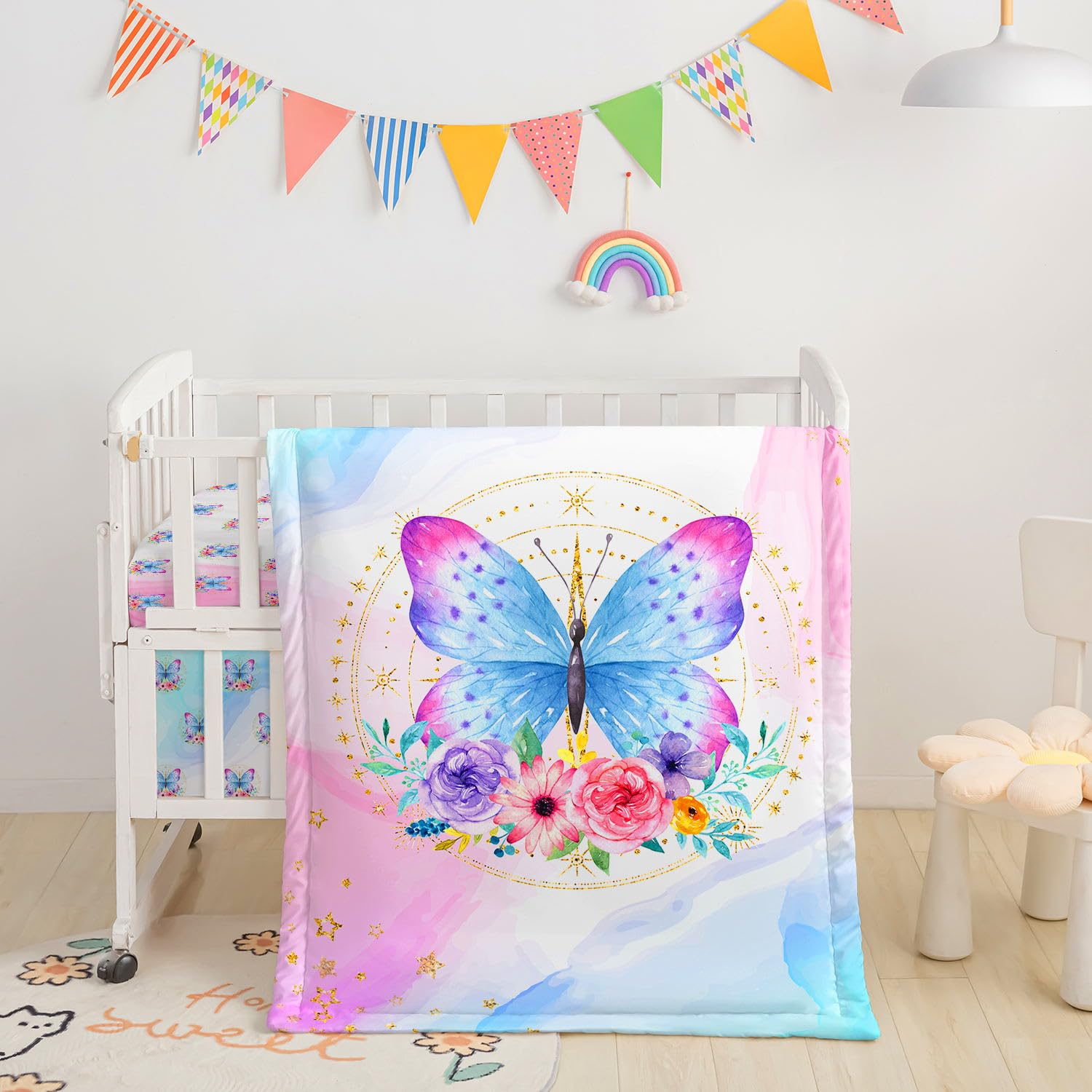 Crib Bedding Set,3pcs Nursery Crib Bedding with Comforter Crib Sheet &amp; Crib Skirt,Watercolor Butterfly Flowers Printed Nursery Bedding for Baby Boys and Girls(Butterfly)