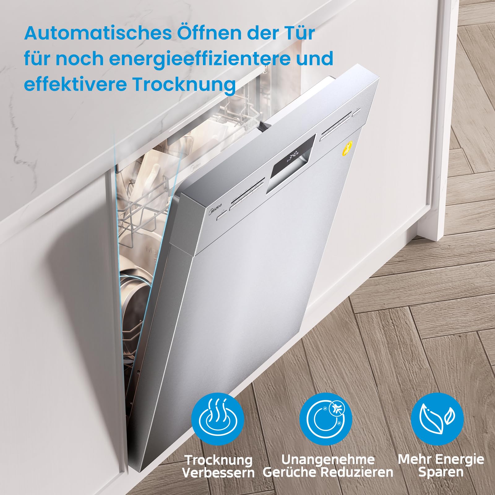 Midea Geschirrspüler 60cm Unterbau 14 Maßgedecke Teilintegrierbar mit WiFi Extra Trocknung 42dB Inox