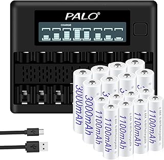 AA AAA Batteries Combo with Charger, 8 Packs AA 3000mAh and 8 Pack AAA 1100mAh Rechargeable Batteries 1.2V NiMH with 8 Slot Smart LCD Battery Charger for 1.2V AA AAA Rechargeable Batteries