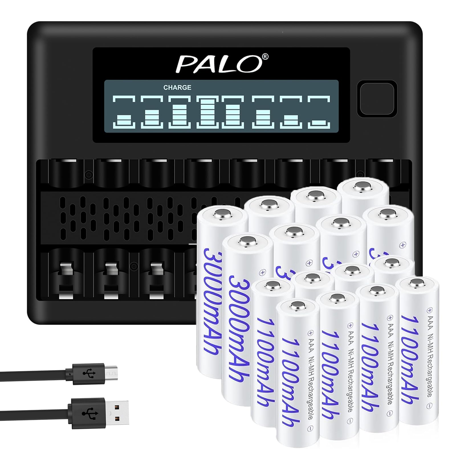 Lot de 8 piles AA rechargeables 3000 mAh 1,2 V et piles rechargeables AAA 1100 mAh 1,2 V NiMH avec 8 baies LCD Chargeur de batterie pour piles AA AAA 1,2 V
