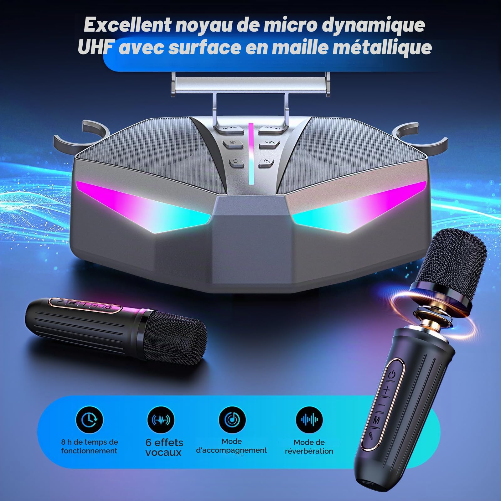 Karaoké Haut-Parleur Portable 35W Réel, Autonomie de 8 Heures, 2 Microphones sans Fil Rechargeables, LED, Machine de Karaoké pour Adultes et Enfants, (CHJ161-Silvergray)