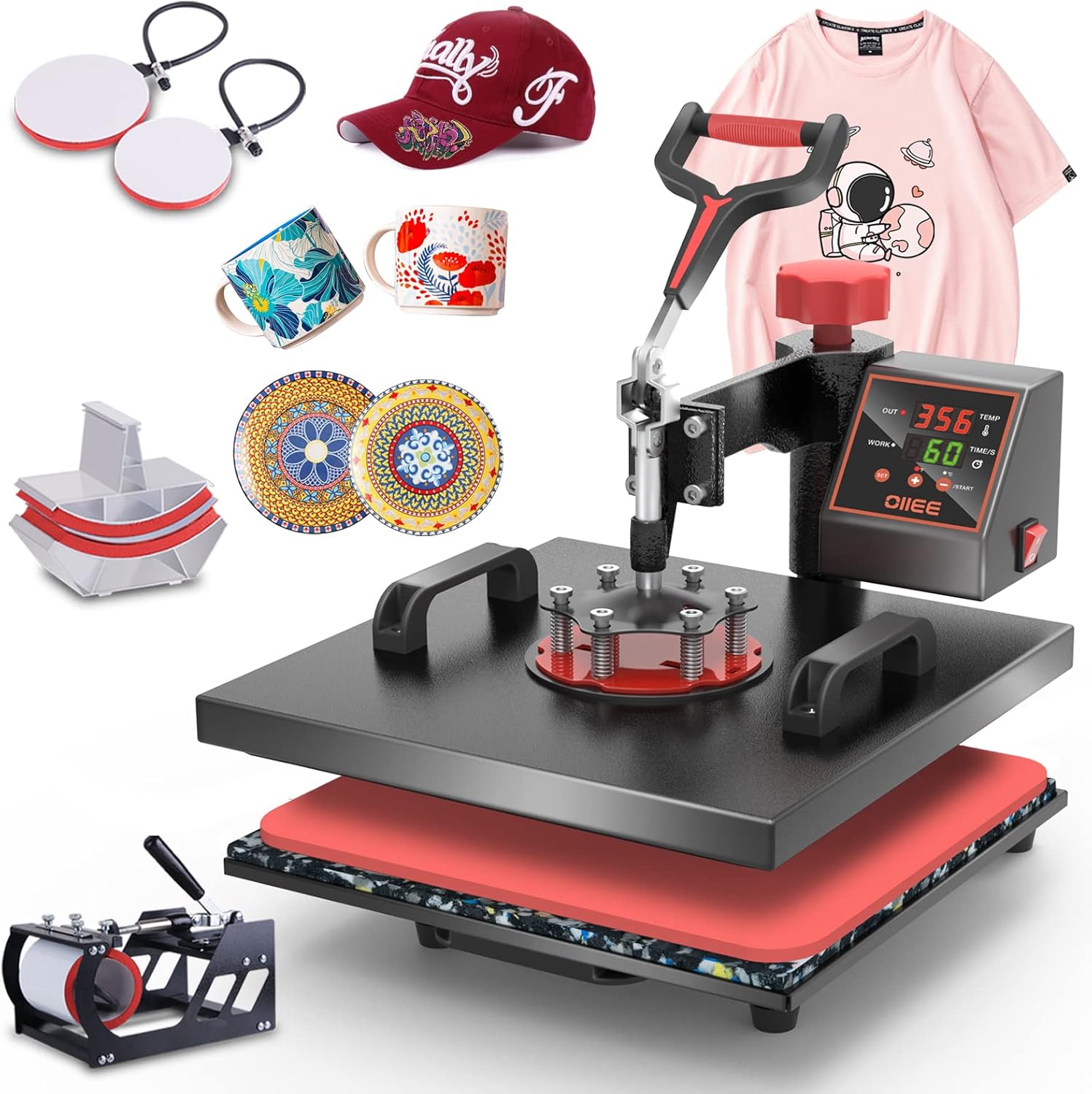 OIIEE Heat Press Machine 5 in 1 Combo Heat Press 15 x 15 Inch Heat Transfer Machine 360-Degree Swing Away Digital Shirt Printing Multi-function Heat Transfer Sublimation for T Shirts Mug Hat Plate Cap