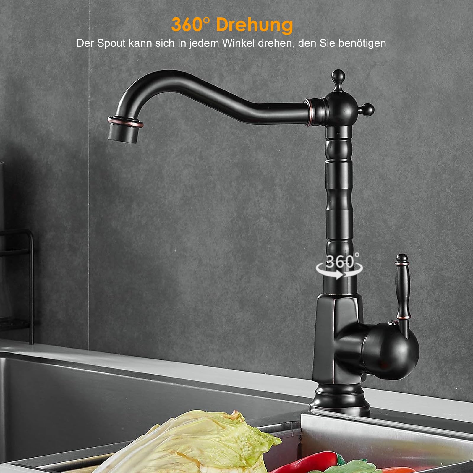 Grifo mezclador de cocina tradicional Bronce frotado con aceite, palanca única Caño giratorio Grifo para lavabo de cocina/baño, Grifo monomando frío y caliente, BL9250B