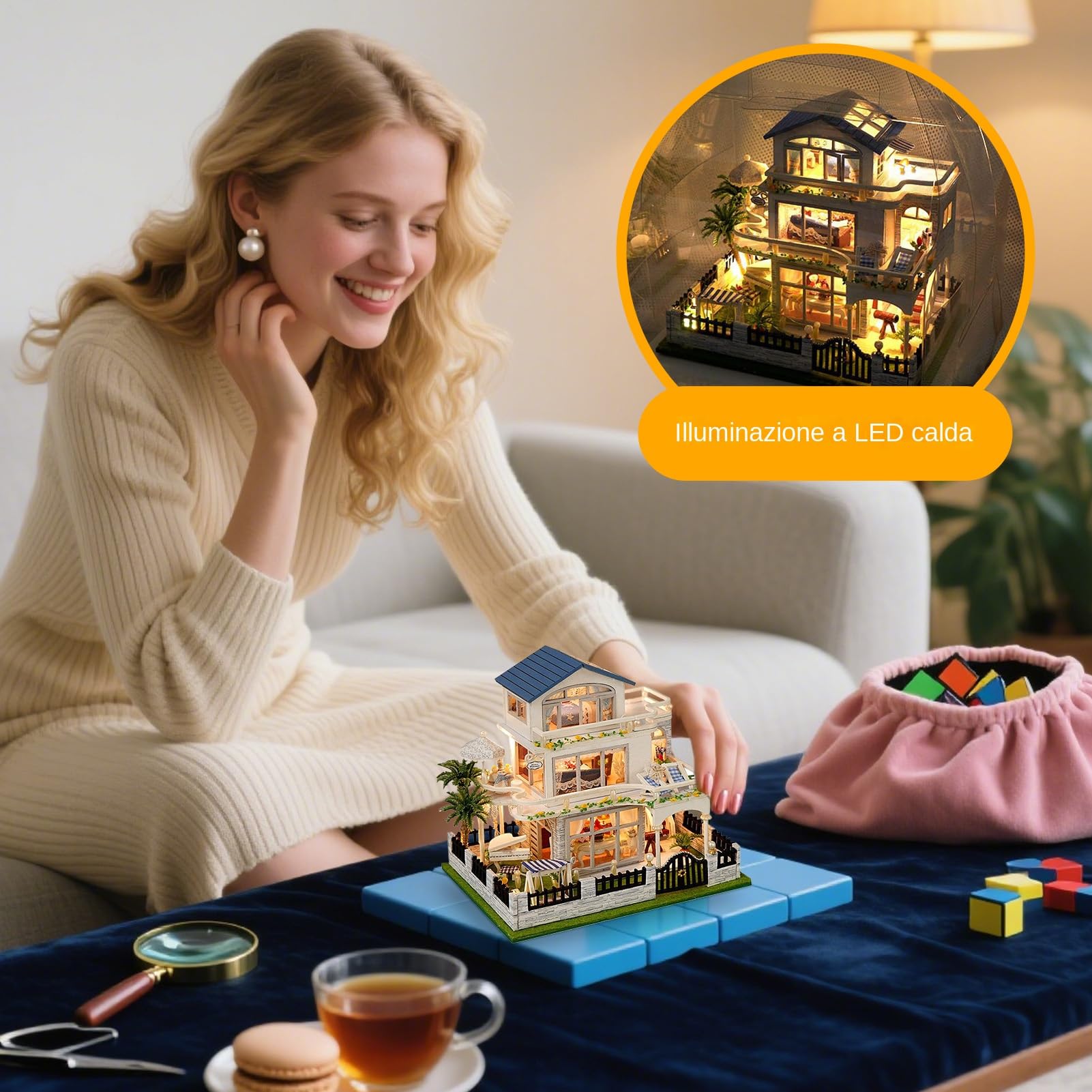 Kit per Creare Case in Miniatura | Modello 3D di Villa in Legno da Costruire con Luci LED,Set Creativi Fatti a Mano per Decorazione Casa Ragazzi Ragazze Adulti Famiglia Amici