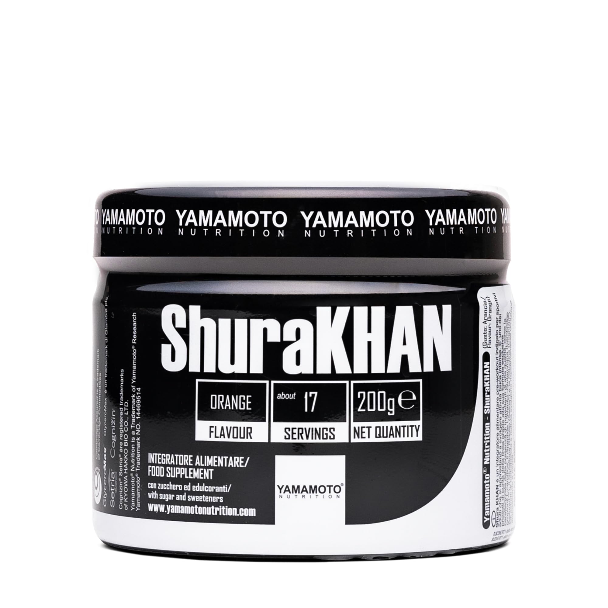 YAMAMOTO NUTRITION, ShuraKHAN 200 gr, Integratore Alimentare Preworkout per Sportivi, Integratore con L-carnitina, L-Alanil-L-Glutammina, Setria e Citicolina, Gusto Arancia