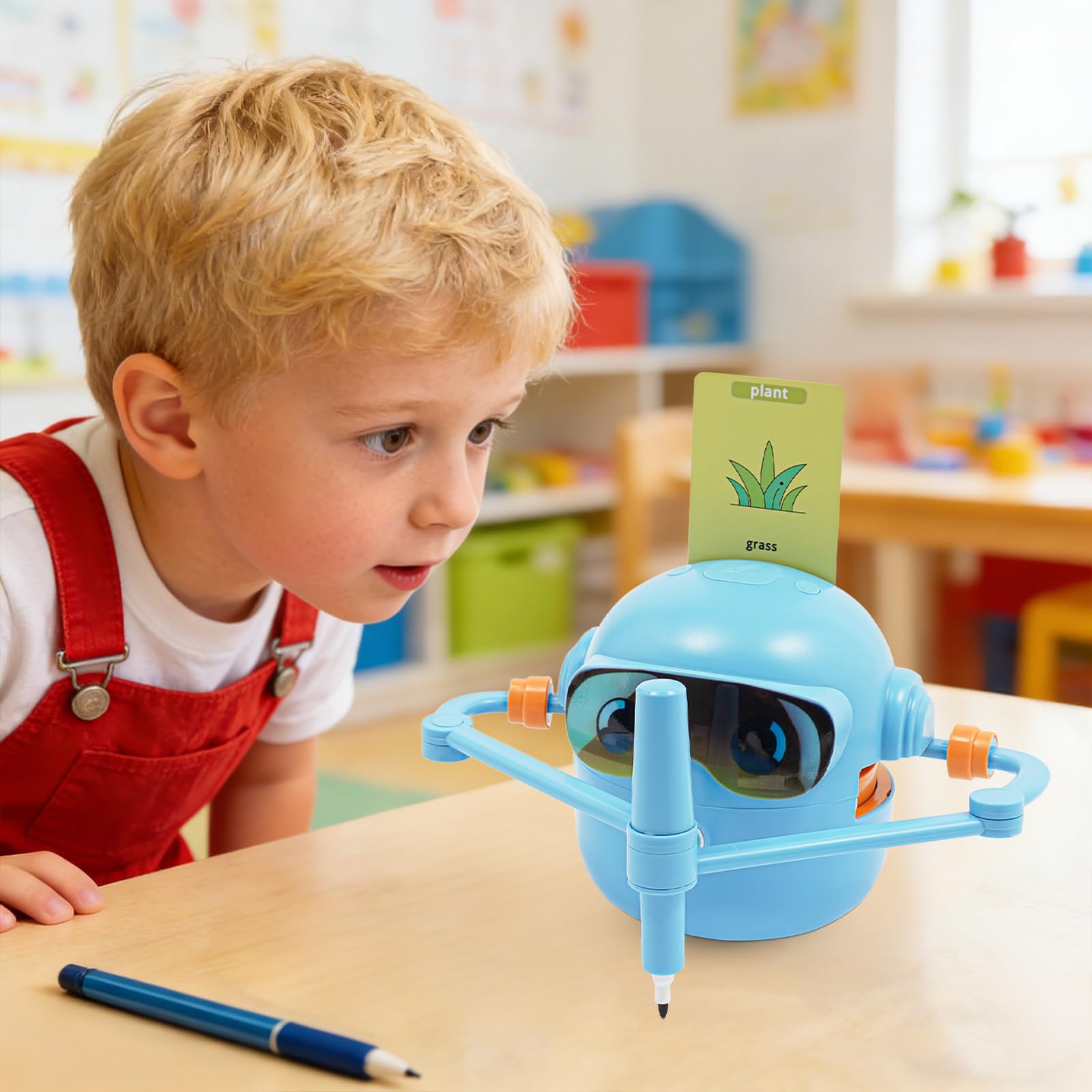 Robot de dibujo para niños, juguetes educativos para dibujar | con 100 tarjetas y 12 lápices de colores, función de dibujo automático, material ABS azul, para niños de 3 a 10 años