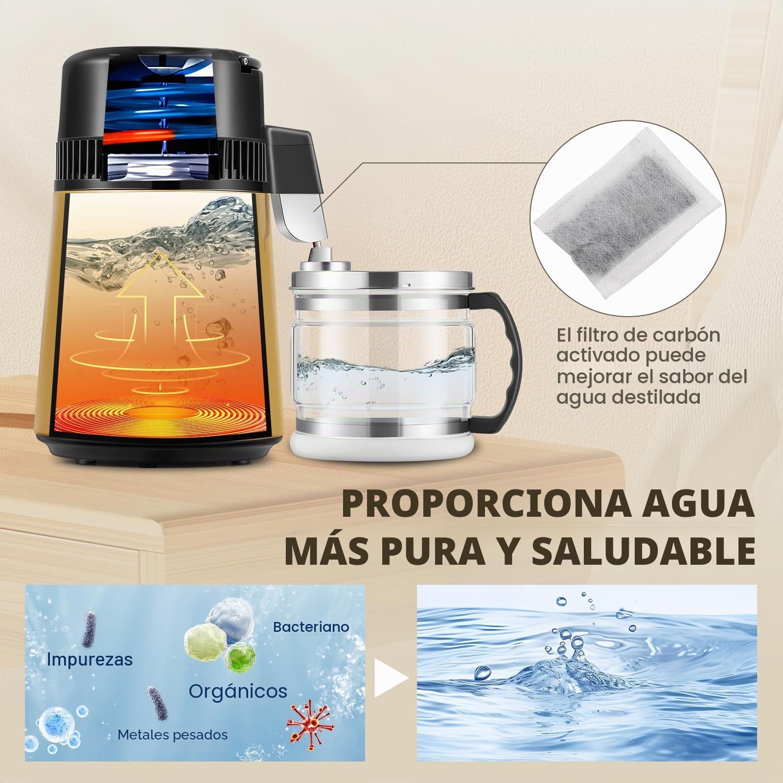 Hanchen Destilador de Agua 4L Acero Inoxidable Purificador de Agua con Jarra de Vidrio 1L/H Máquina de Agua Destilada para Hogares Laboratorios Industrias (Dorado)