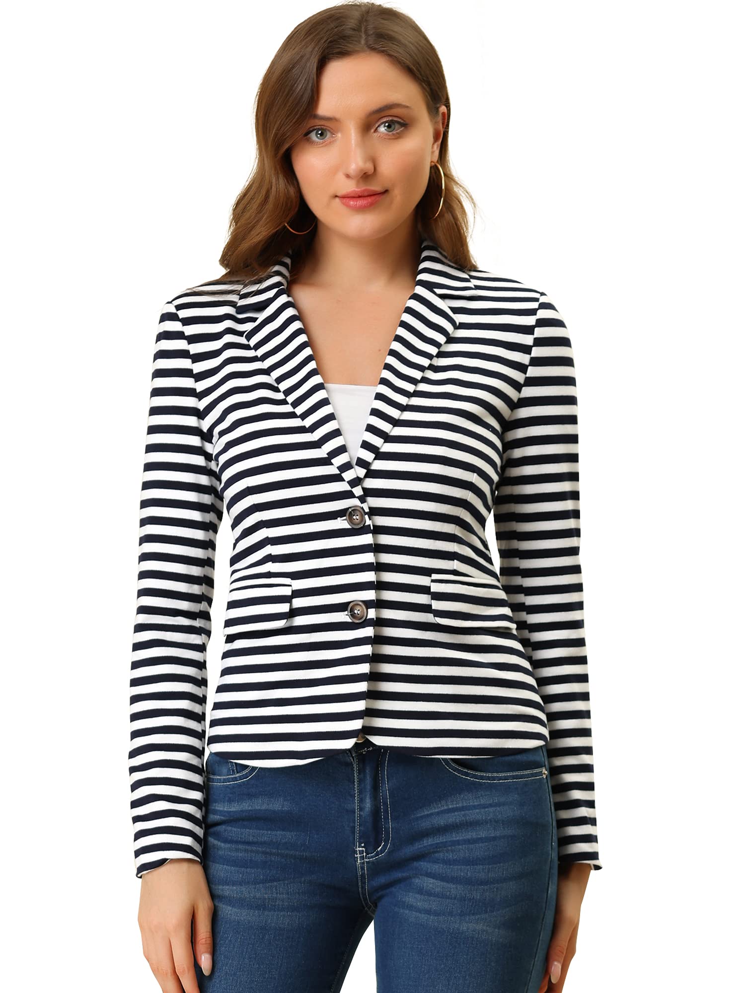 Allegra K Women's Notched Lapel Pocket Button Closure Striped Blazer