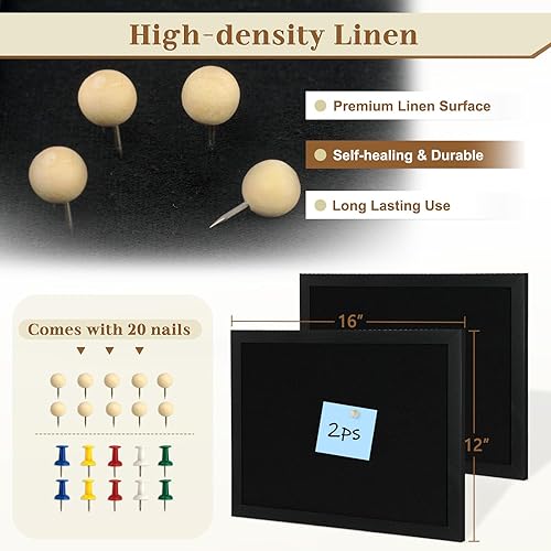 Vista 46 de Tablero de corcho grande de doble cara con lino, tablero de anuncios con marco de madera colgante de 24 x 18 pulgadas, tablero de visión