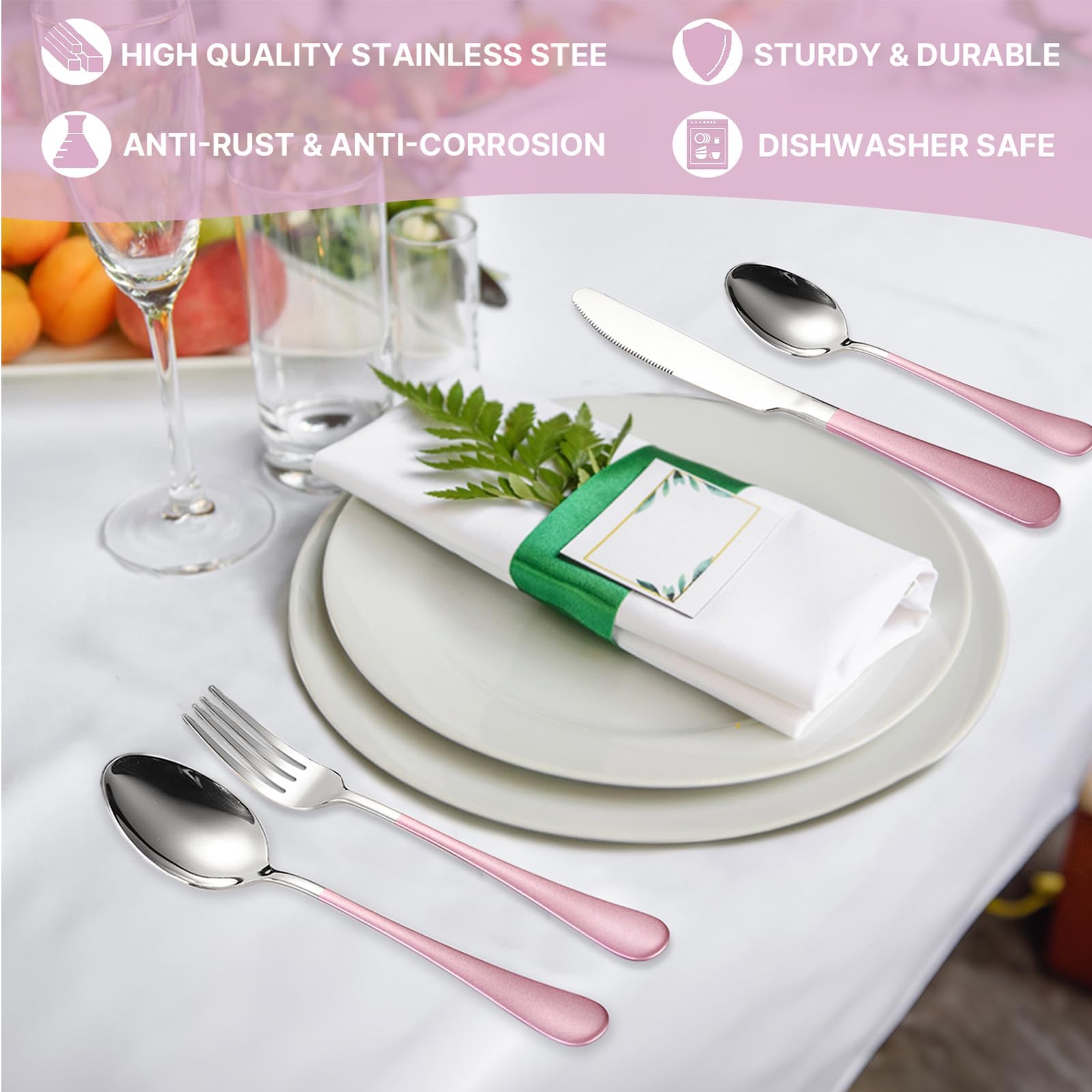 Juego de cubiertos con soporte, juego de cubiertos de acero inoxidable de 24 piezas con soporte, tenedor y cuchara para 6 personas, moderno juego de utensilios de cocina (rosa)