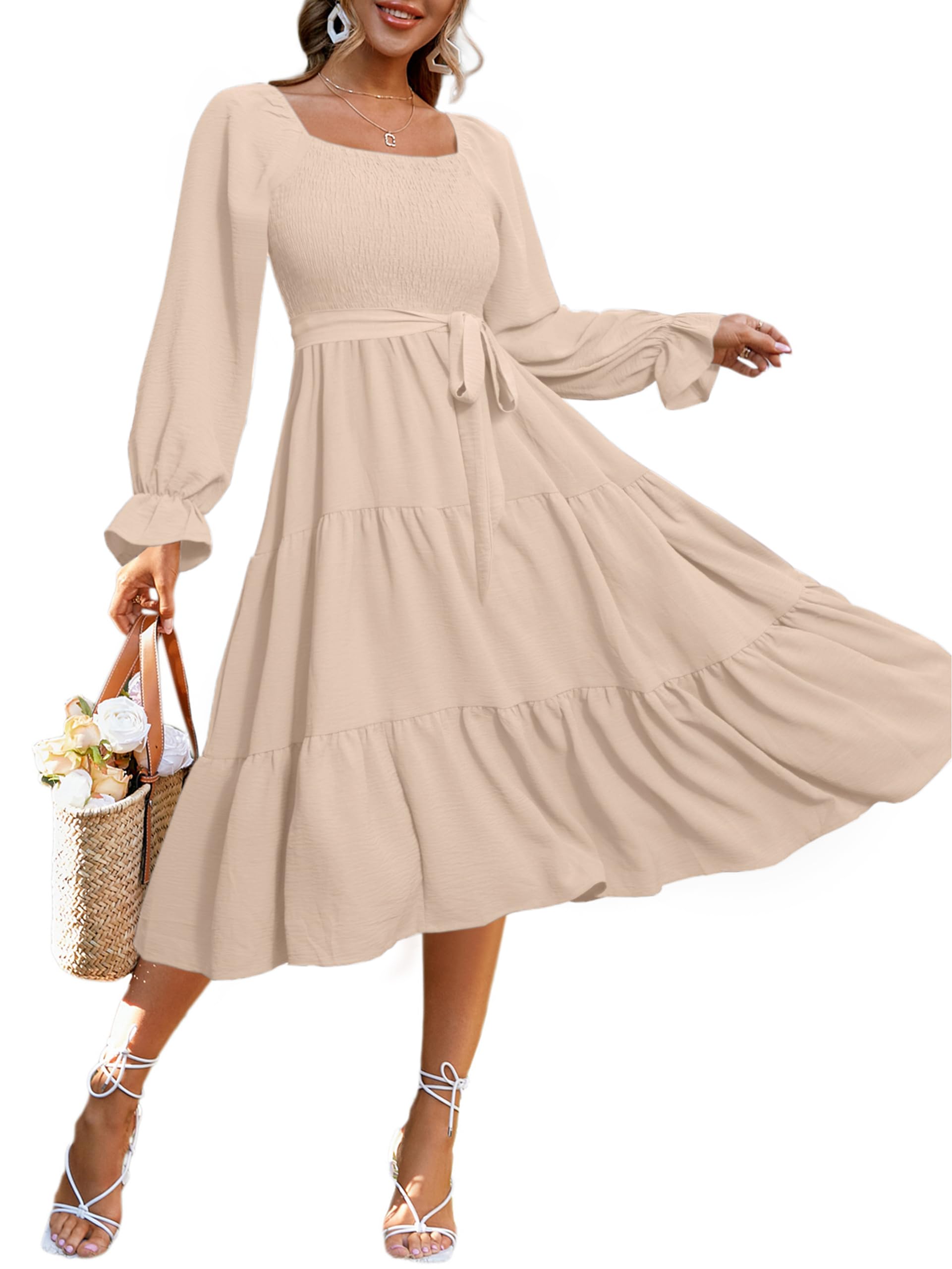 Simplee Womens Long Sleeve Maxi Dress Casual Square Neck Smocked Flowy Fall Wedding Guest Dresses