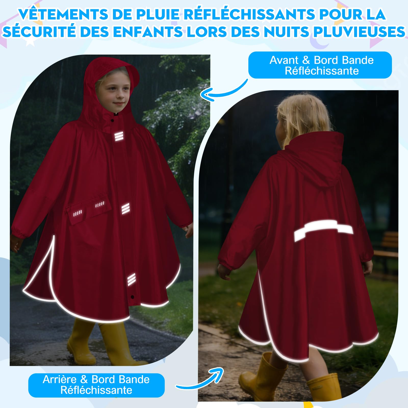 Poncho Pluie Enfant Poncho de Pluie Imperméable Garçons Filles Réutilisable Léger Cape De Pluie Capuchon Manches Réfléchissante Cape De Pluie Unisexe Pour Va à L'école Randonnée Voyage