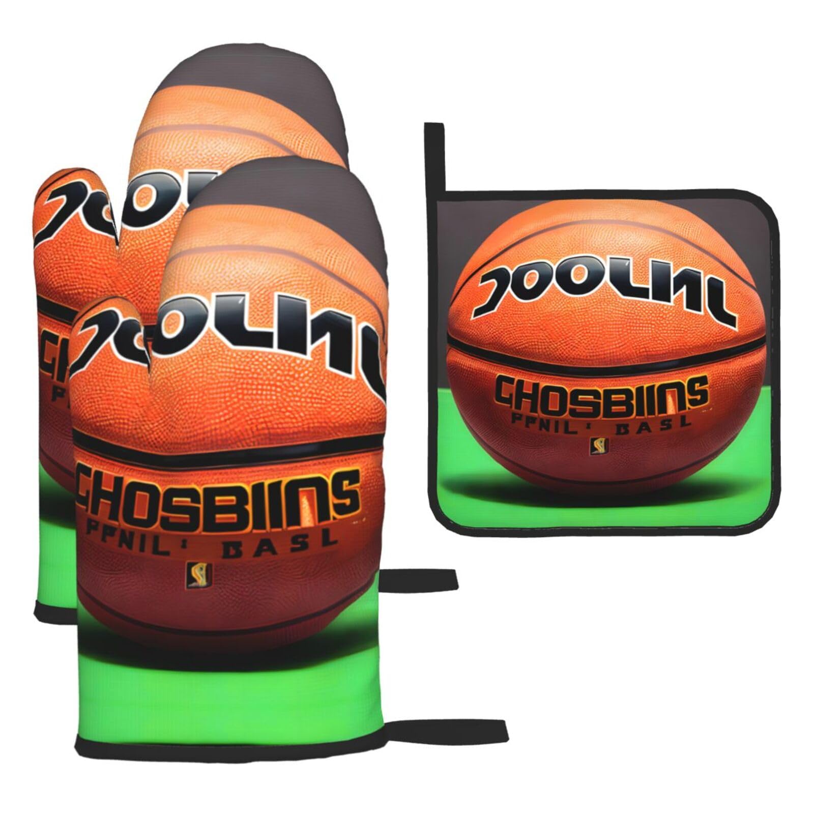 Basketball Background Oven mittens and oven mitts three-piece set suitable for oven, grilling, baking, microwave and home cooking.