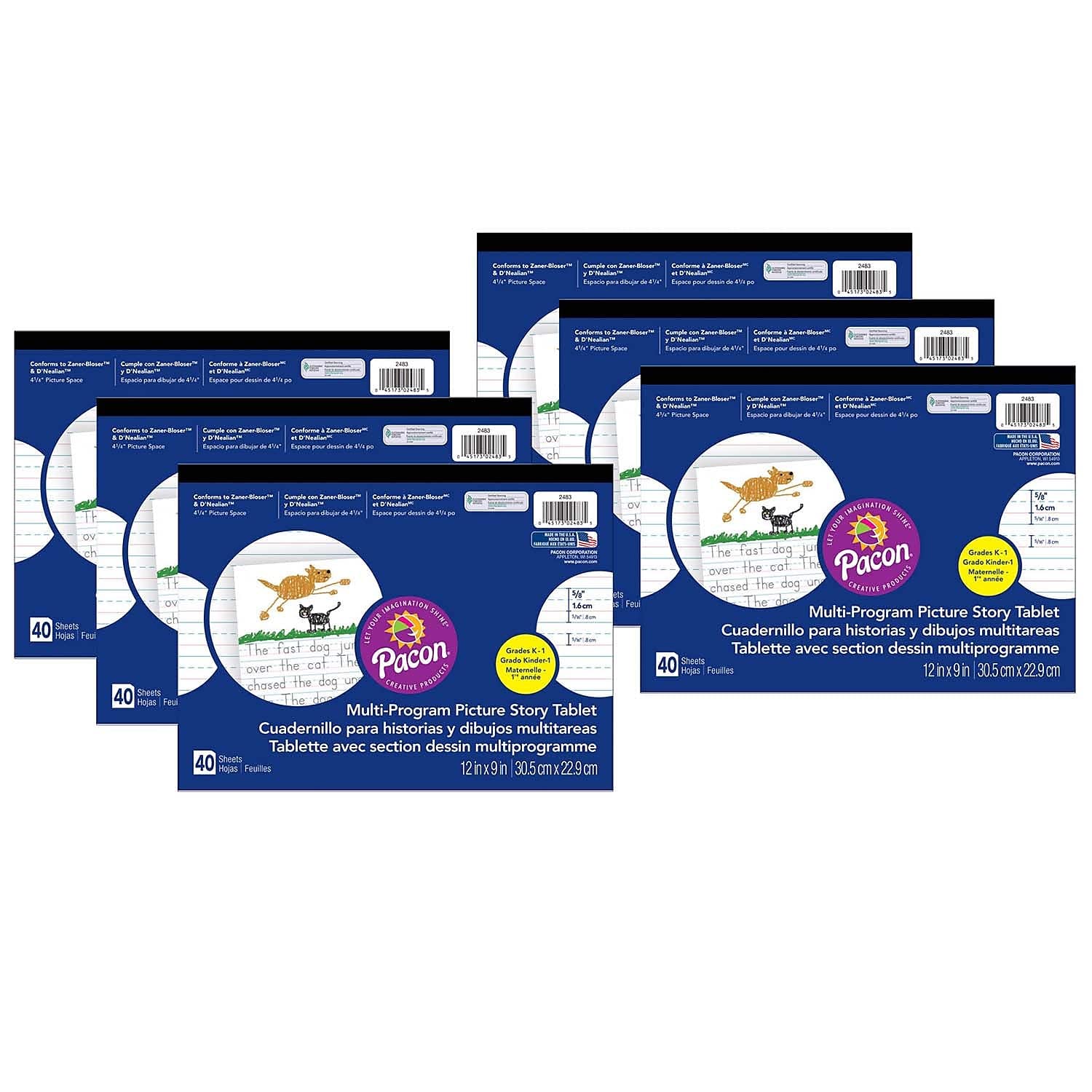 PACON Multi-Program Handwriting Tablet, D'Nealian/Zaner-Bloser, 5/8" x 5/16" x 5/16" Ruled & 4-1/4" Picture Story Space, 12" x 9", 40 Sheets, Pack of 6