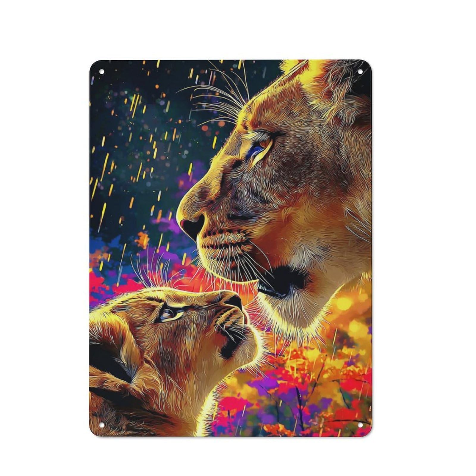 Junmoney Lioness And Cub In Vibrant Colors Retro Metal Sign With Design 40X30cm, Nostalgic Vintage Wall Decor For Kitchen, Hallway, Bar Or Small Cafe