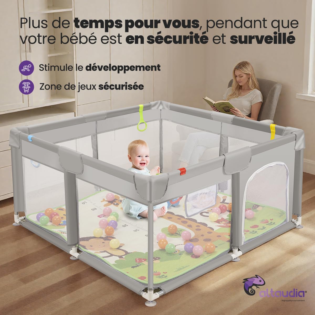 Parc pour bébé 120 x 120 cm + tapis + 50 balles + sacs de transport – avec filet respirant – de jeux amusant pour bébé - Gris