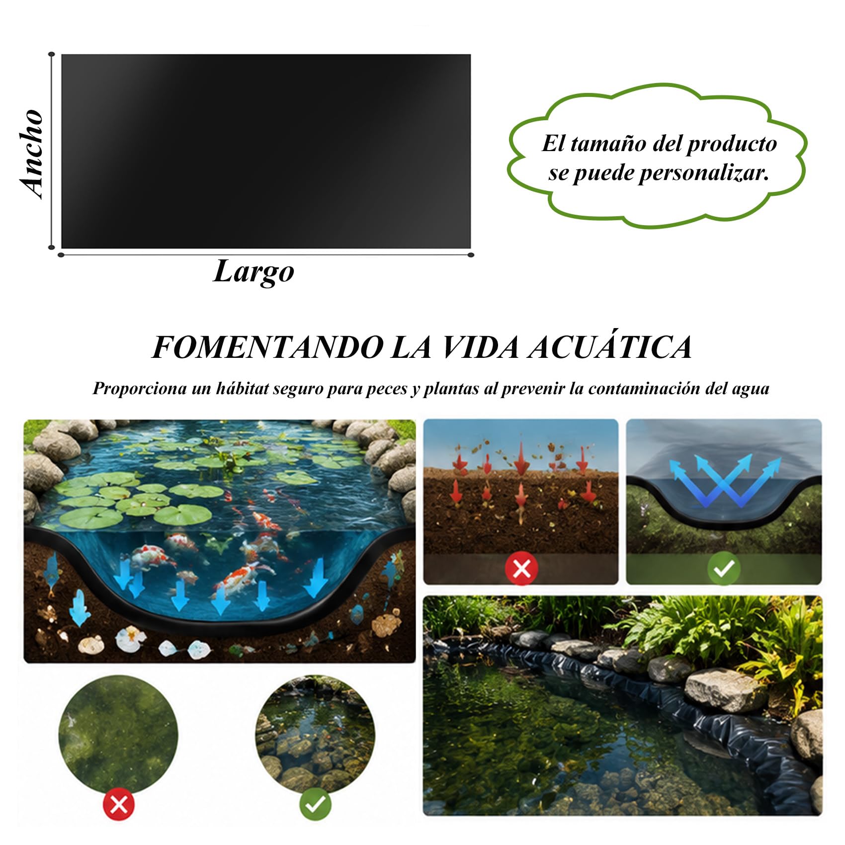 membranas para estanques amplios, recubrimientos HDPE, Capas elásticas, láminas oscuras, estanques cría koi, depósitos jardín, Fuentes acuáticas