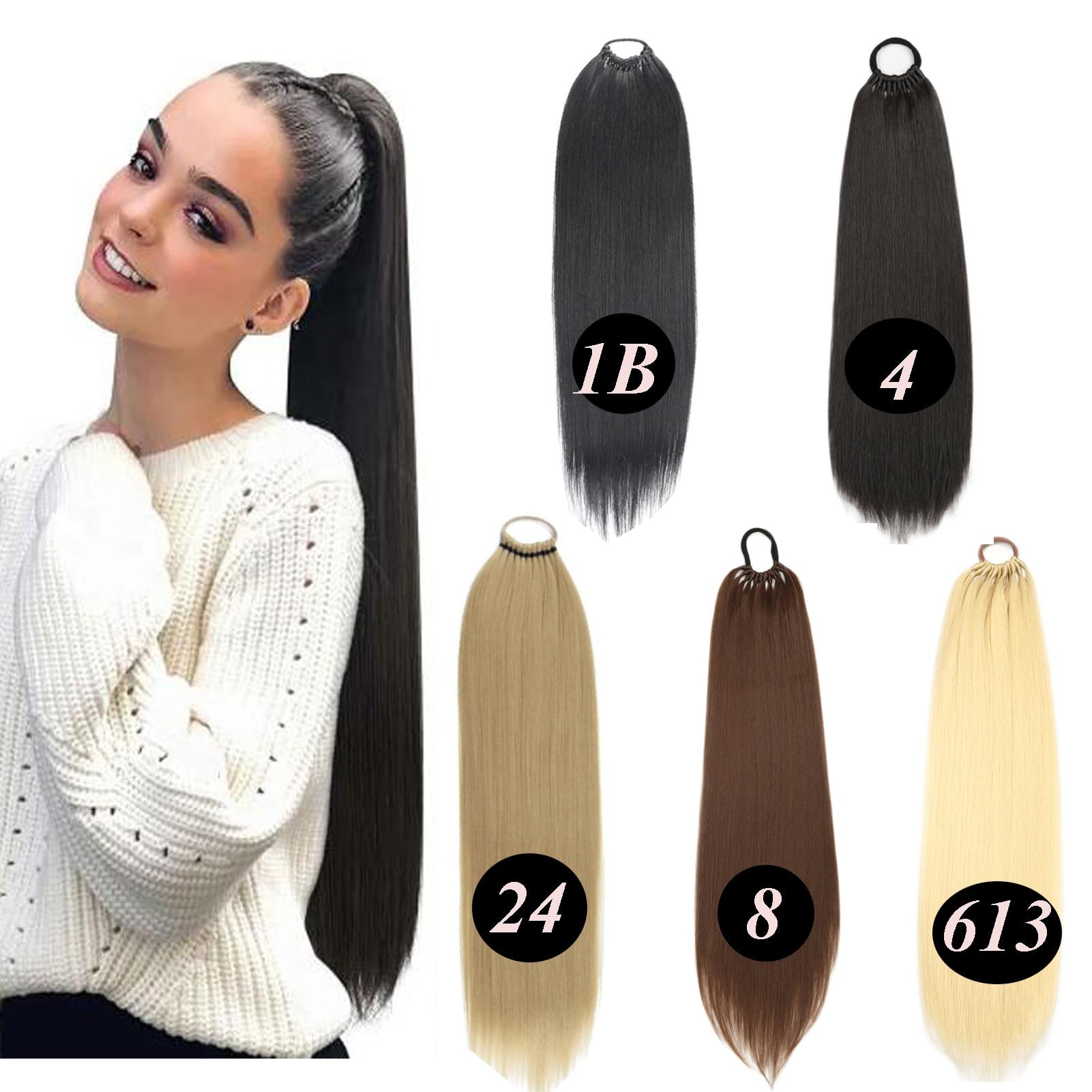 32inch Long Braid Ponytail Extension with Elastic Tie Sleek Straight Braids Ponytail Natural Soft Synthetic Hairpiece for Women Girls (#1B - Image 4