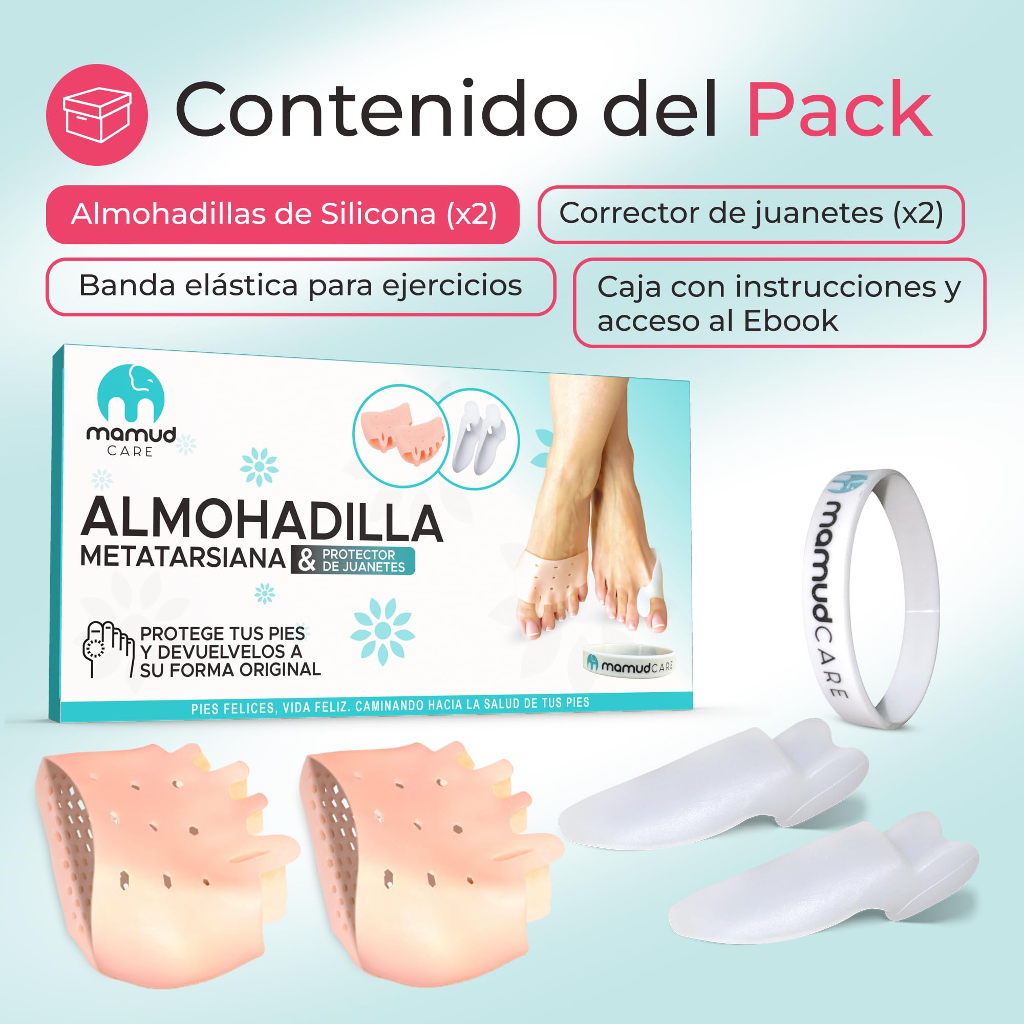 Almohadilla Metatarsiana, Separador Dedos Pie y Corrector de Juanetes, Apto Para Usar con Calcetines y Calzado, Libre de BPA, Hallux Valgus y Dedos Superpuestos, Video Ejercicios y Consejos