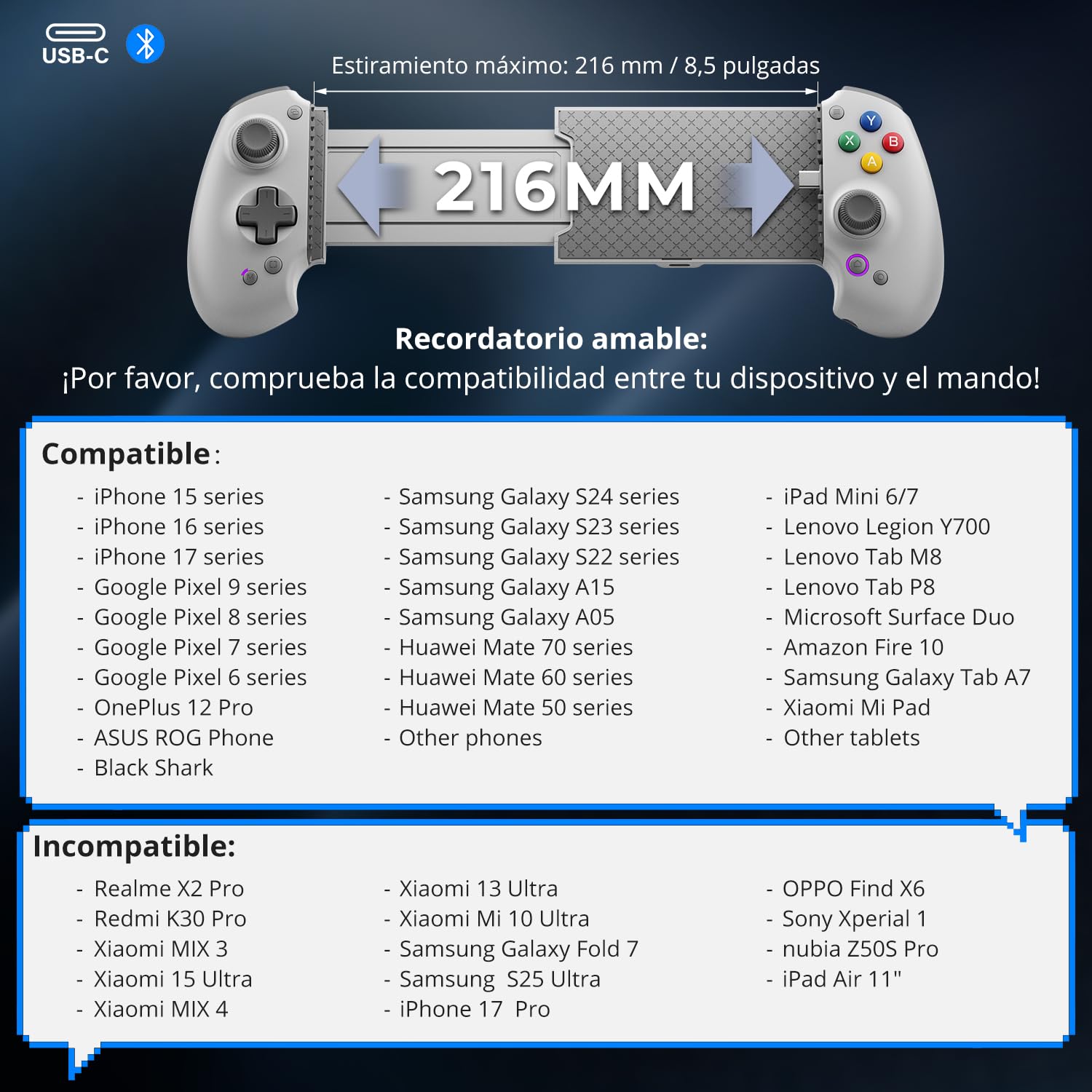 S9 - Controlador de teléfono para juegos para iPhone 15/16, iPad 6/7 y tableta de teléfono Android, Bluetooth y tipo C con aplicación, para Roblox, Genshin Impact, Call of Duty, Hall Joystick