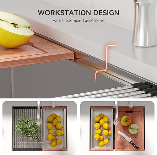 Miniatura 8 de Lordear Fregadero de cocina de montaje inferior de 23 pulgadas, estación de trabajo, fregadero de cocina de acero inoxidable calibre 16, cuenco