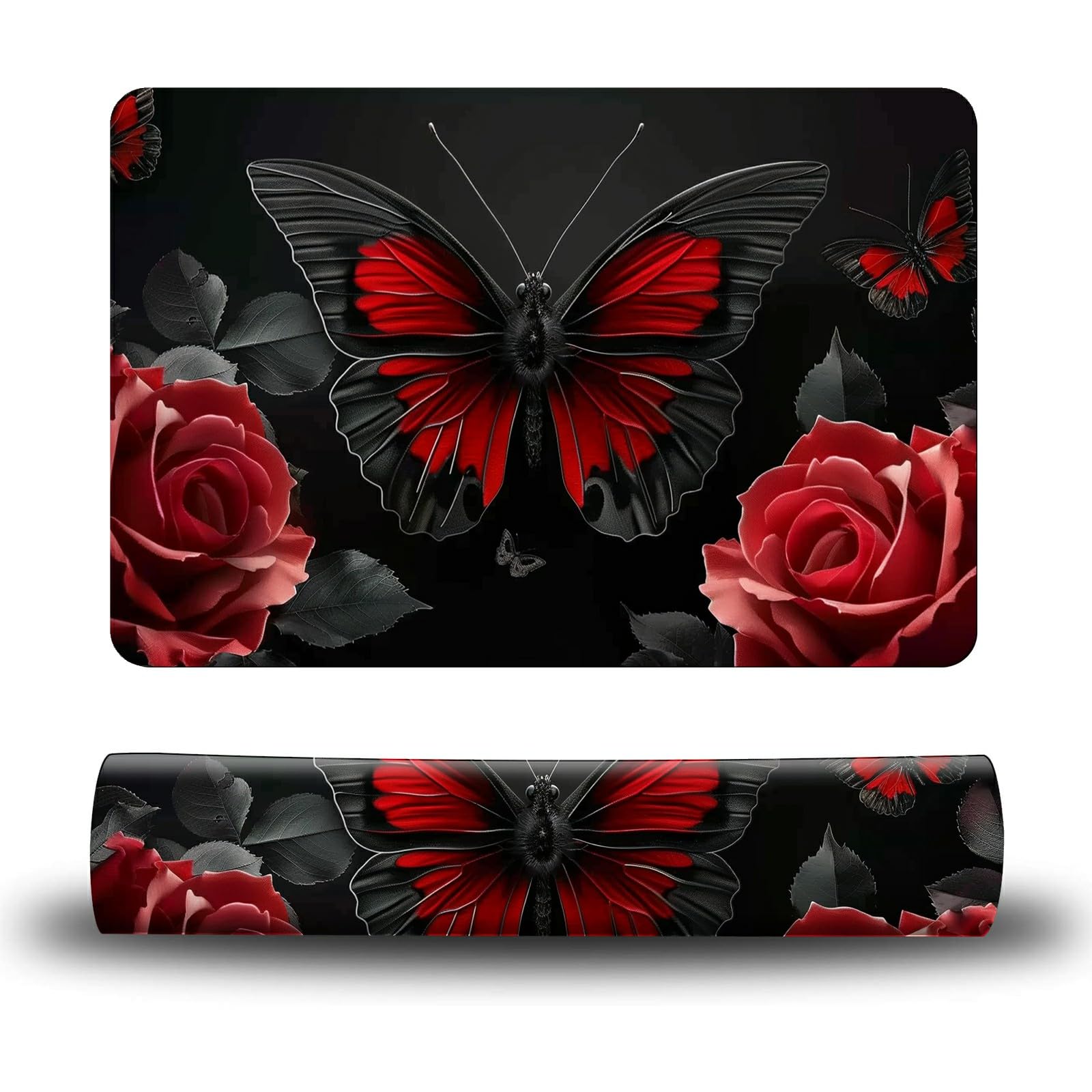 Dikoer Dog Food Mat, 15.7" x 23.6" Absorbent Pet Feeding Mat for Food and Water, Waterproof Diatom Mud Pet Placemat with Non-Slip Rubber Backing, Cat Bowl Mat for Floors - Red Butterfly Flower