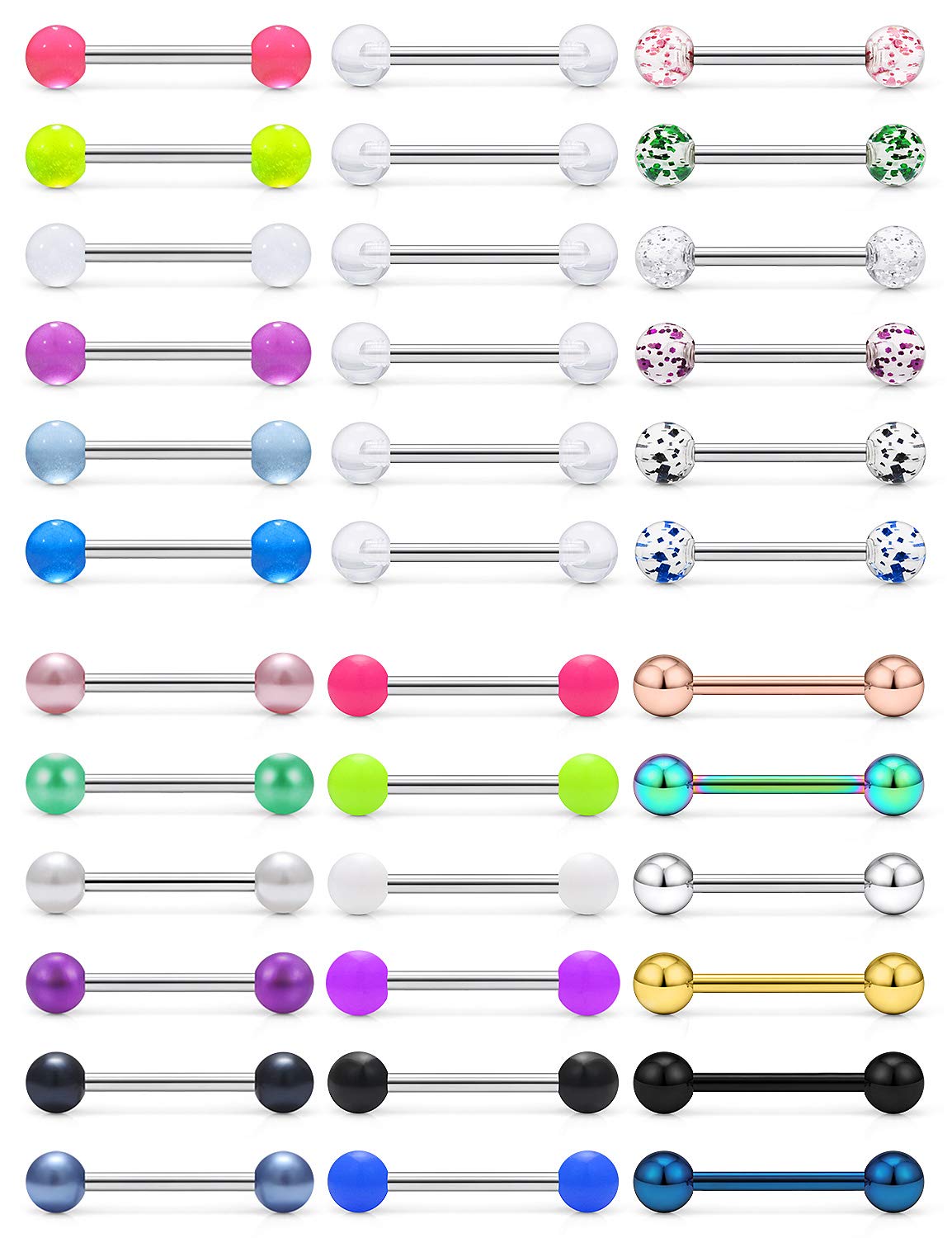 SCERRING 14G Stainless Steel Tongue Barbell Ring Nippleings Nipple Rings Shinny Acrylic Glow in Dark Opal Gilitter Balls Body Piercing Jewelry