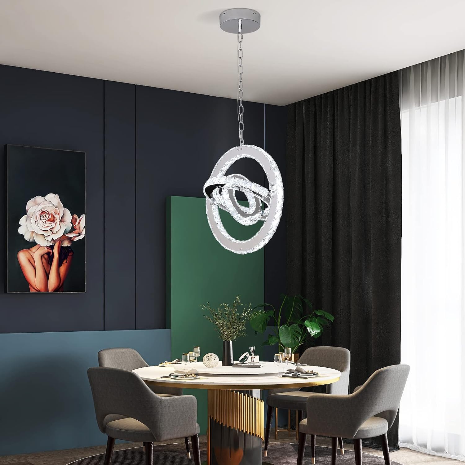 3 Ring Modern Crystal Chandelier Led Pendant Light Ceiling Light Luxury Stainless Steel Adjustable Crystal Light Fixtures for Living Room Dining Room Kitchen Bedroom (Cold Light)