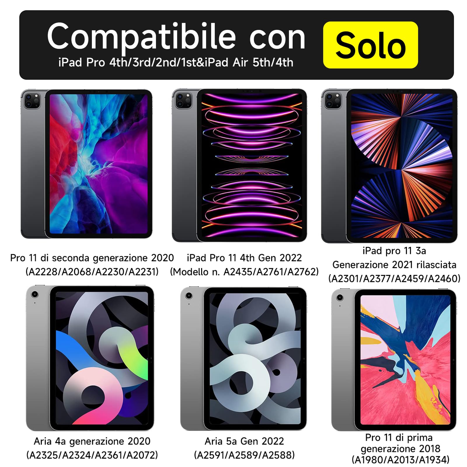 HOU Tastiera iPad Pro 11(4 °/3 °/2 °/1 °), iPad Air 11" 2024/5 Generazione(4 Generazione),QWERTY Disposizione Italiana,Ultra Slim,Angolo Regolabile,Carica Magnetica Nero