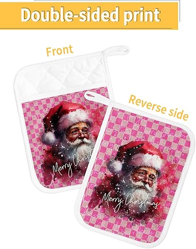 Miniatura 2 de Pink Santa 2Pcs Pot Holders for Kitchen,Non Slip & Heat Insulation Terry Cloth Potholder Set with Pocket,Thick Hot Pad Oven Mitts Trivet Coaster for